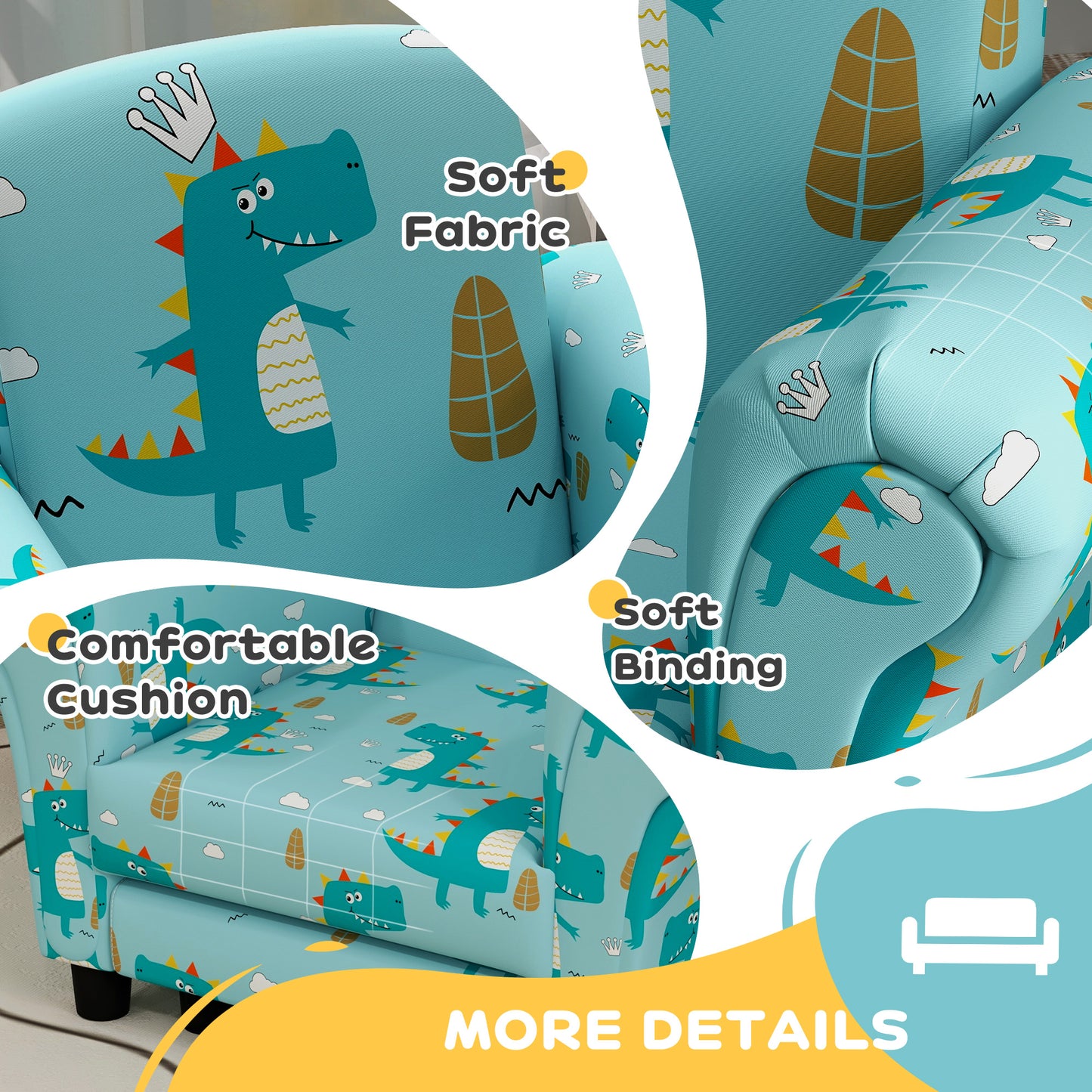 2 Piece Kids Sofa Set with Dinosaur Design, Wooden Frame