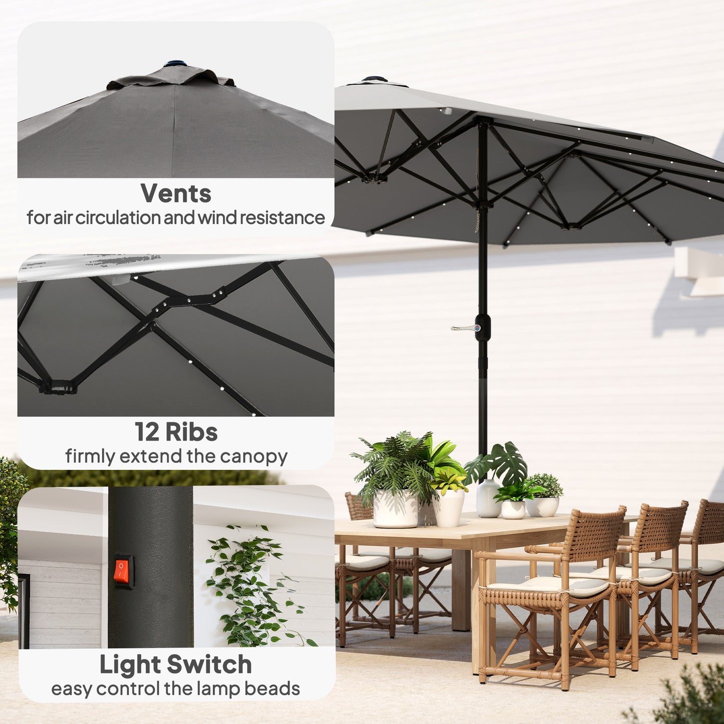 4.4m Double-Sided Sun Umbrella Patio Parasol LED Solar Lights
