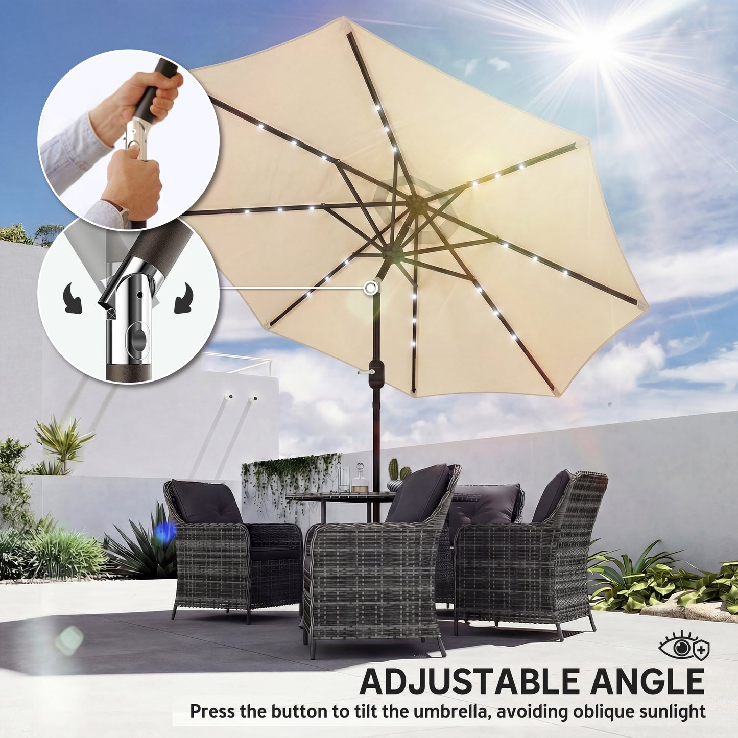 2.6 m Garden Parasol Umbrella with LED Solar Light, Parasol Cover
