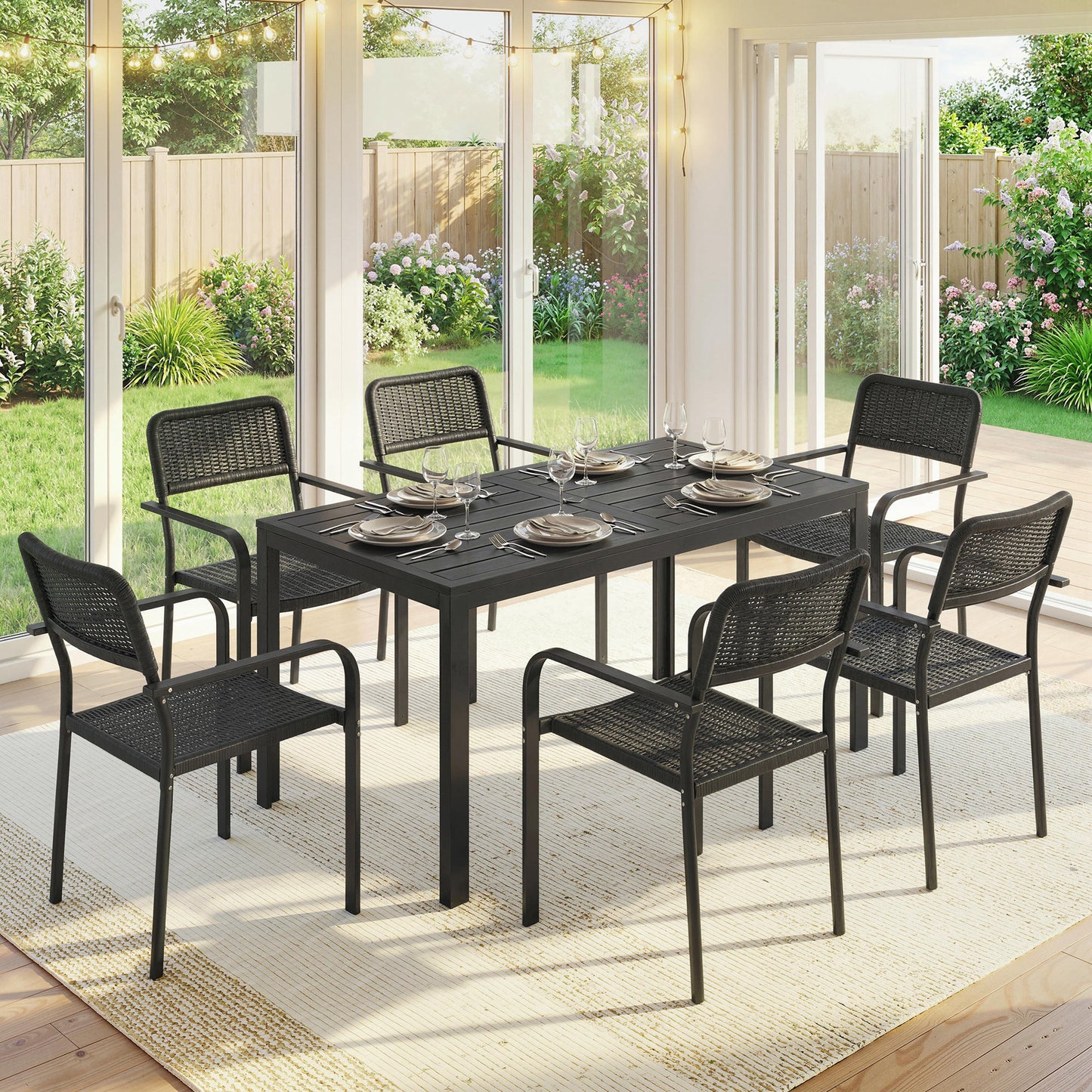 Garden Dining Set for 6, Faux Wood Metal Outdoor Table