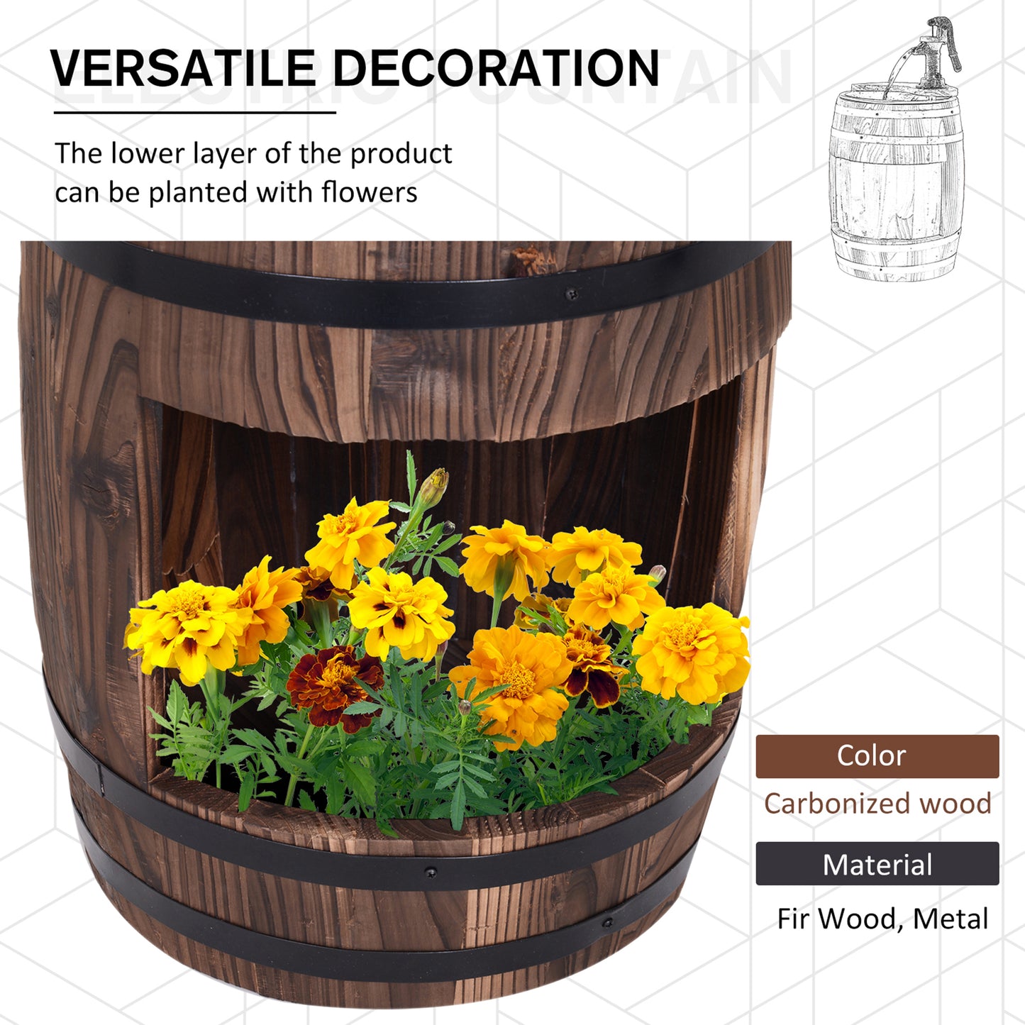 Wood Barrel Patio Water Fountain Electric Pump Garden Decorative