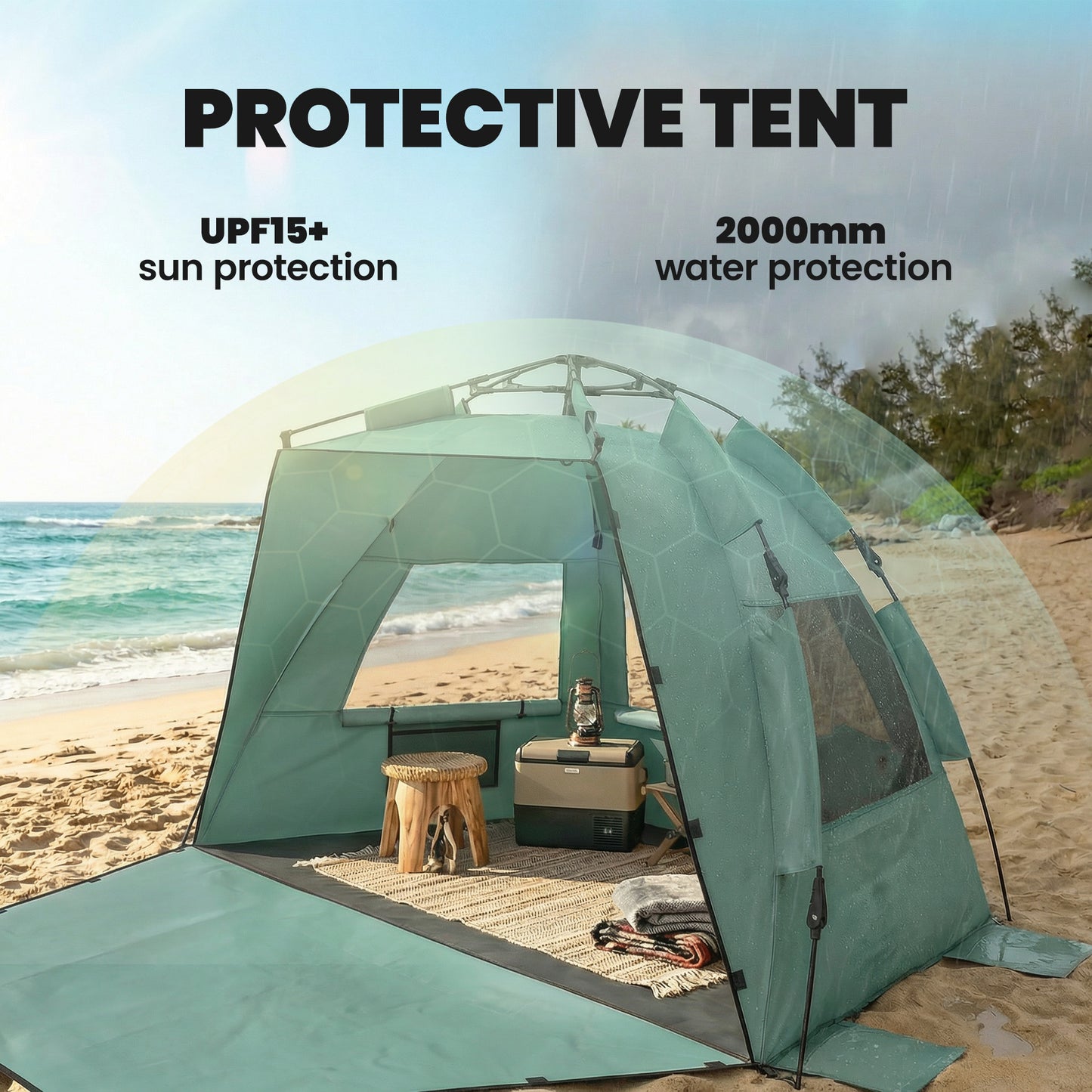 2-3 Person Pop Up Beach Tent, UPF15+ Sun Shelter with Extended Floor