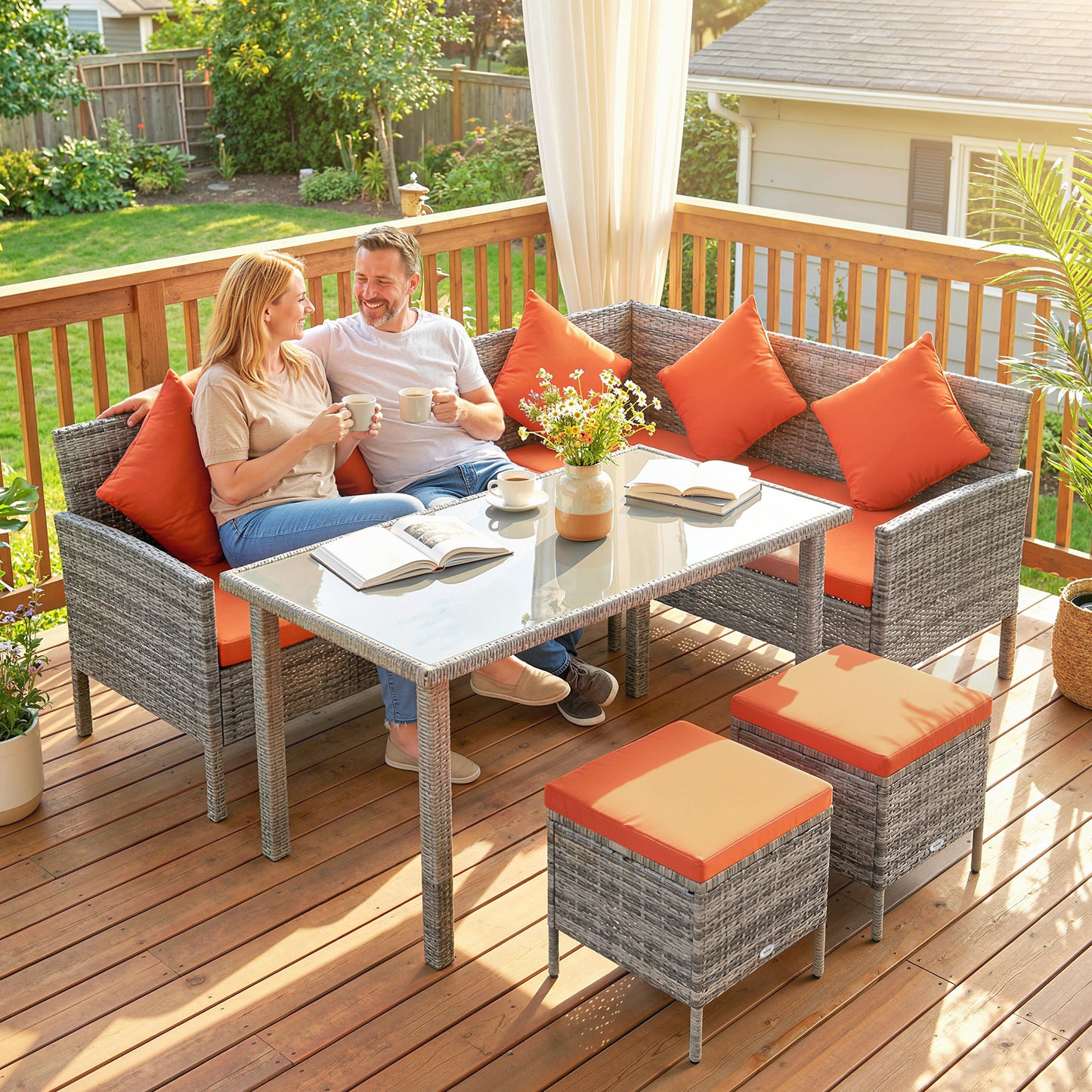6-Seater Rattan Dining Set Sofa Table Footstool Outdoor w/ Cushion