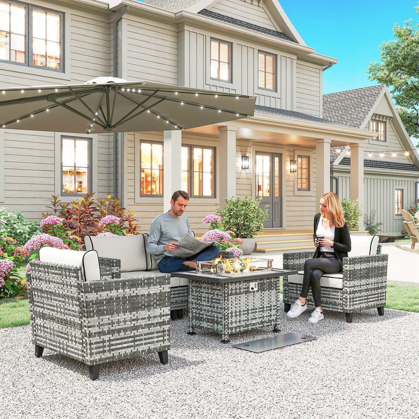 5-Piece Rattan Patio Furniture Set with Gas Fire Pit Table