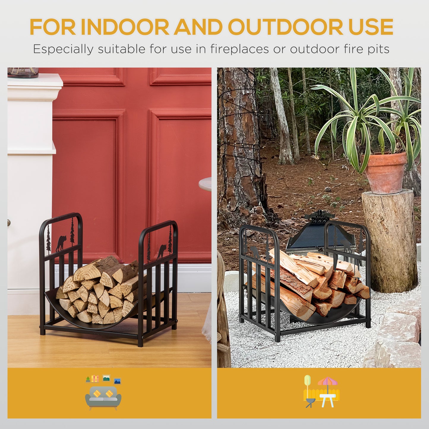 Metal Firewood Log Holder Indoor Outdoor Firewood Rack Inner Arced