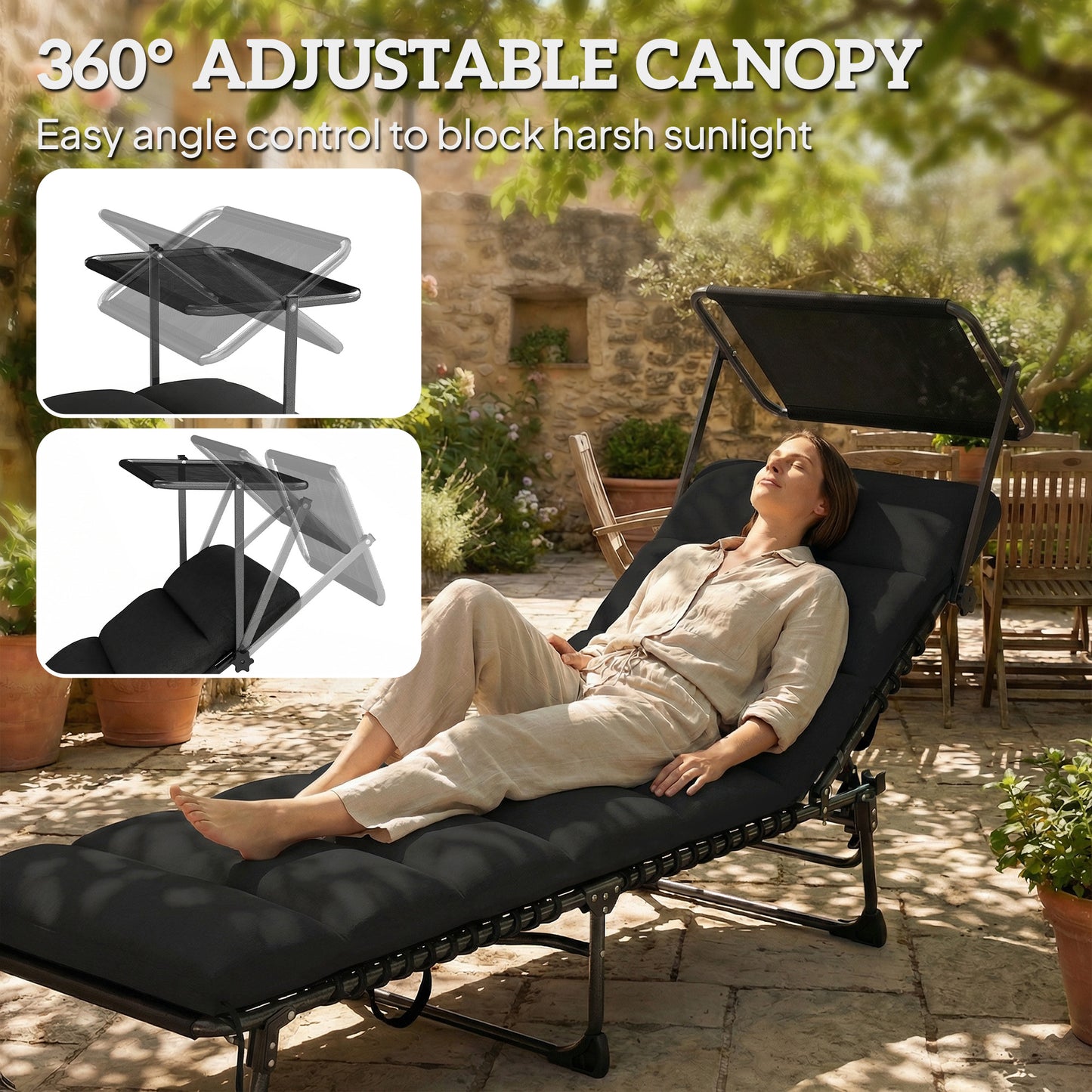 Folding Sun Lounger with Canopy, Reclining Sunbed with Cushion