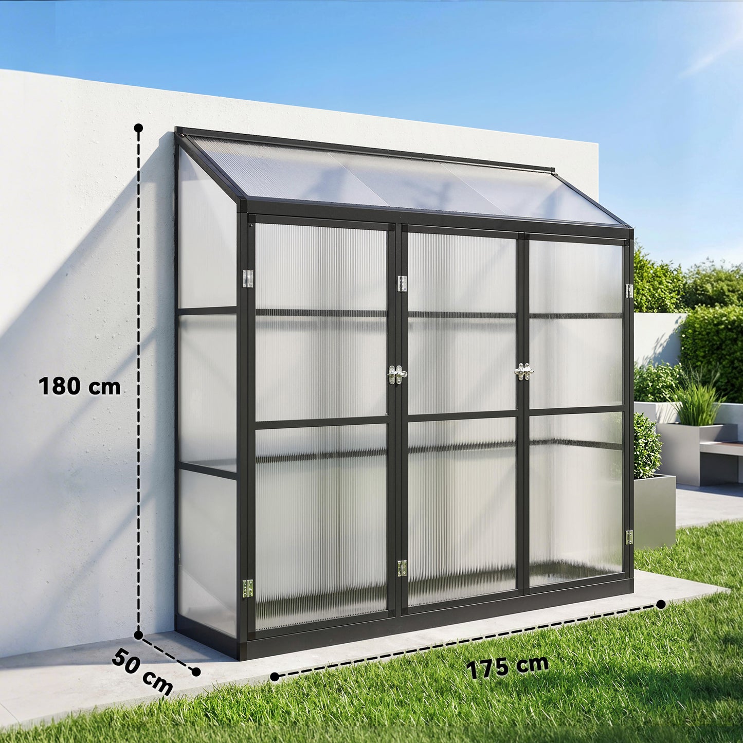 Polycarbonate Greenhouse with 3 Hinged Doors, Top Vent