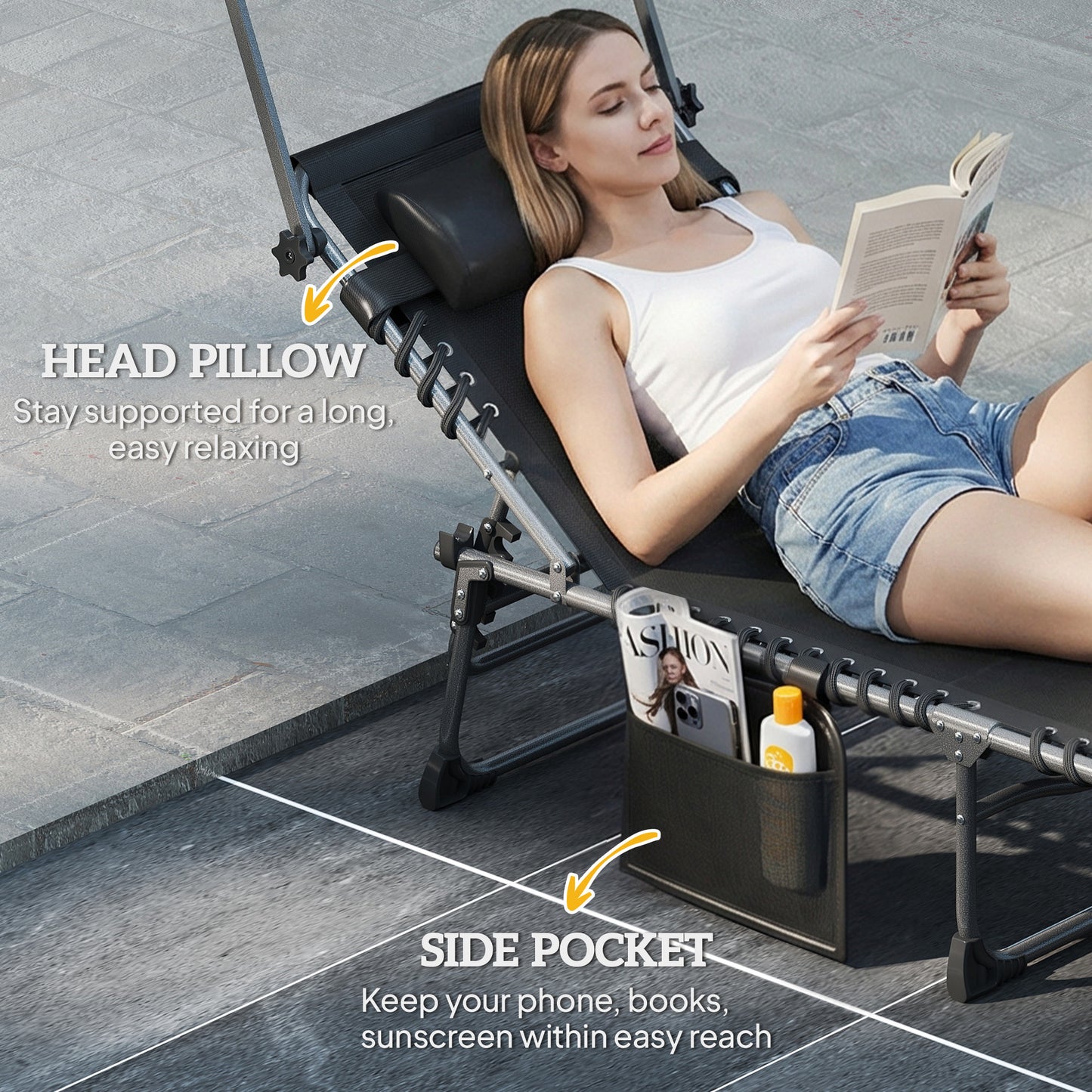 Folding Sun Lounger with Canopy, Reclining Sunbed with Cushion