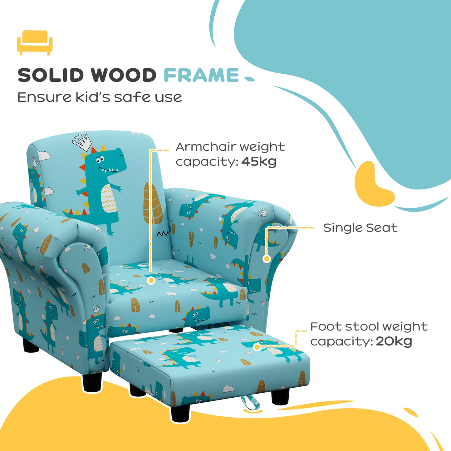 2 Piece Kids Sofa Set with Dinosaur Design, Wooden Frame