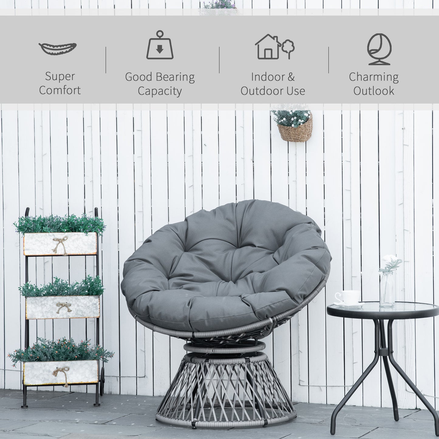 360° Swivel Rattan Papasan Moon Bowl Chair Round Lounge Garden