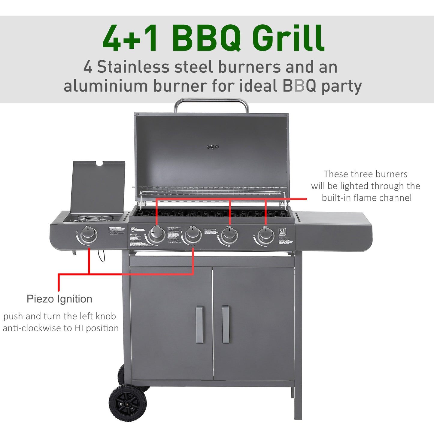 4+1 Burner Gas BBQ Grill, Outdoor Barbecue Trolley with Wheels