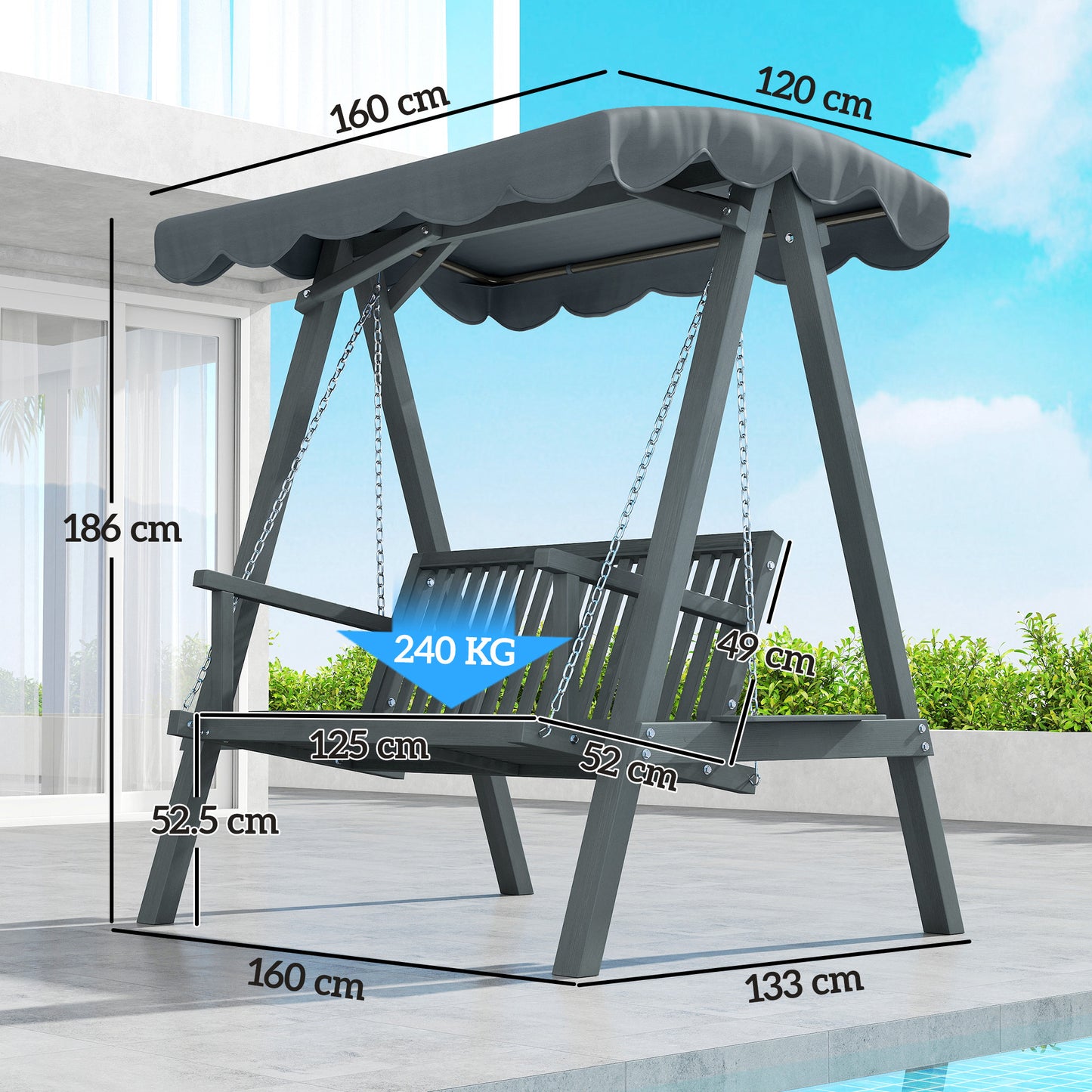 2 Seater Garden Swing Seat with Canopy, Wooden Swing Chair