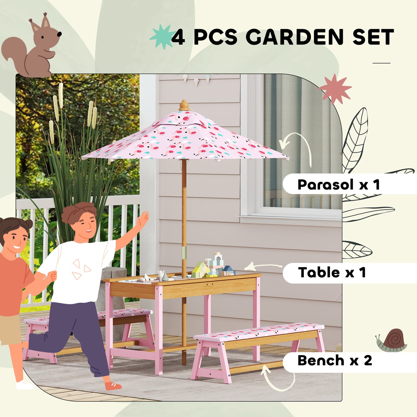 Kids Picnic Table Set with Removable & Foldable Umbrella, Cushions