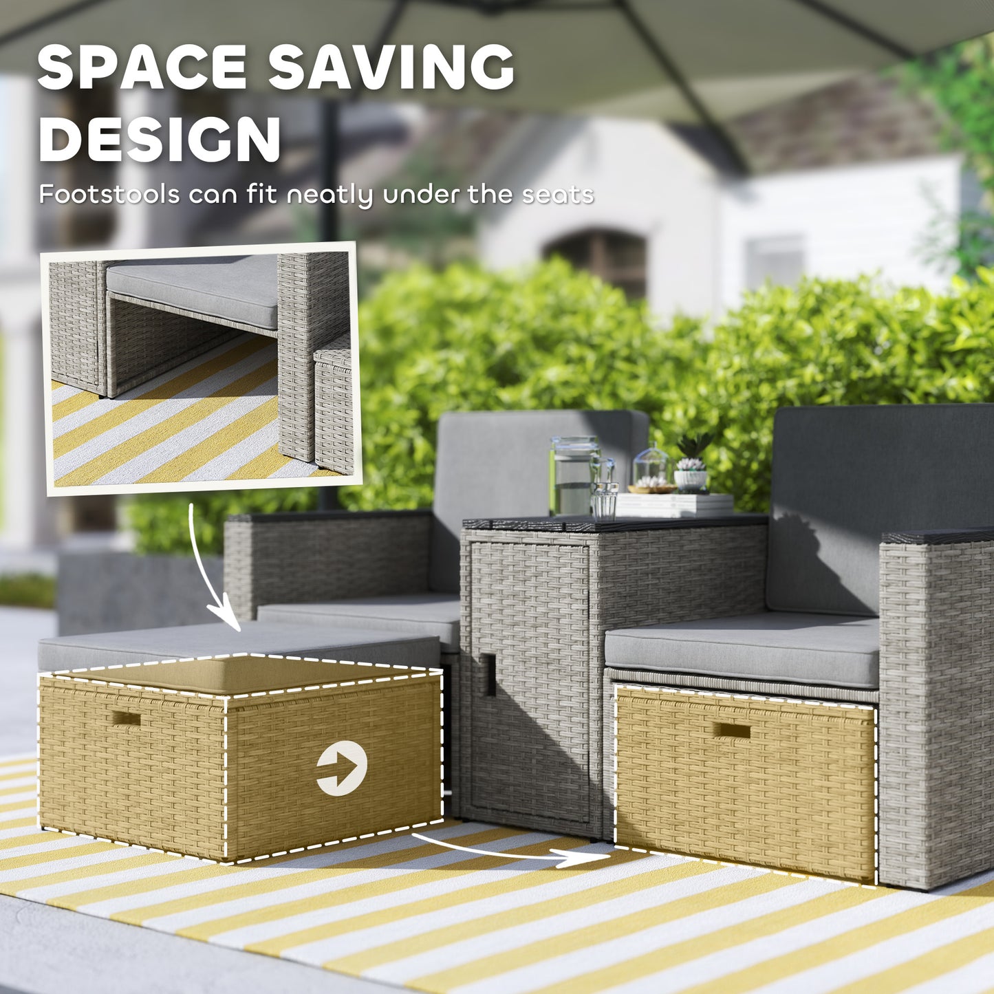5 Piece Rattan Garden Furniture Set with Storage Table, Footstools