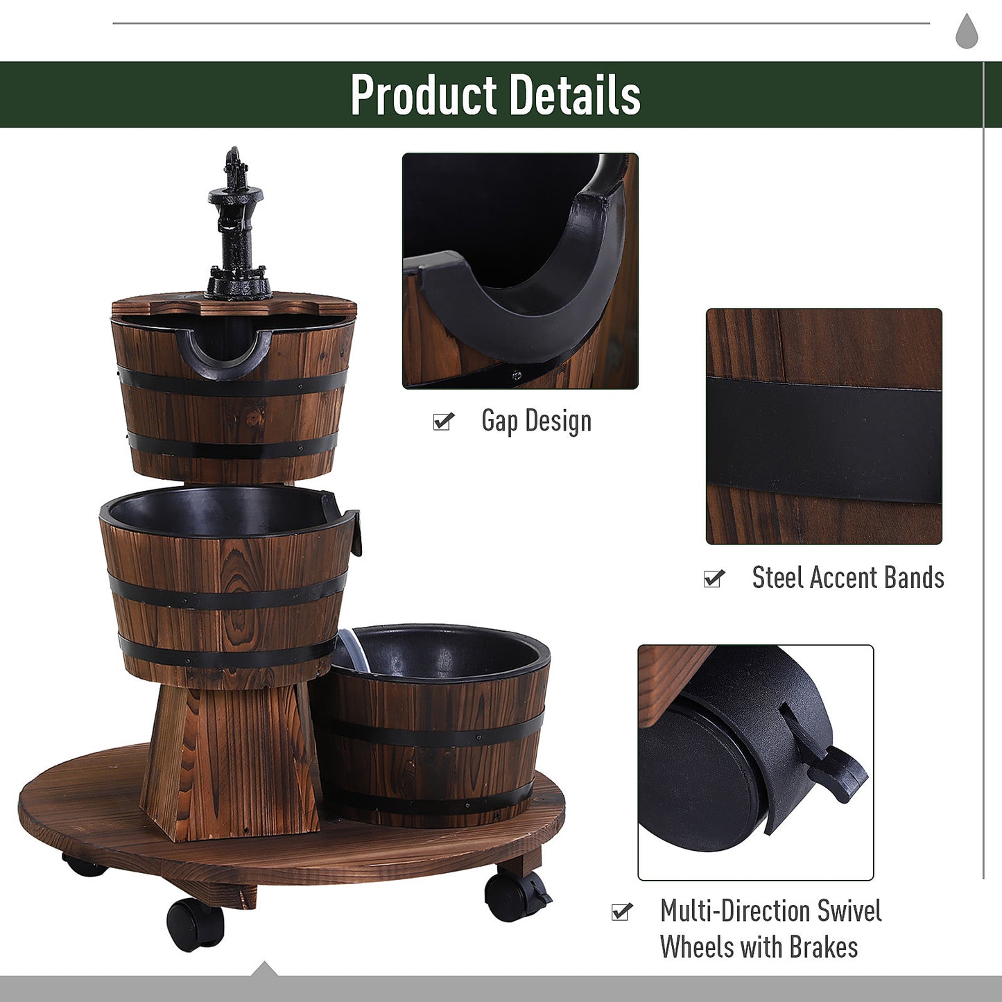 Wooden Garden Wishing Well Fountain Barrel Waterfall Rustic Wood