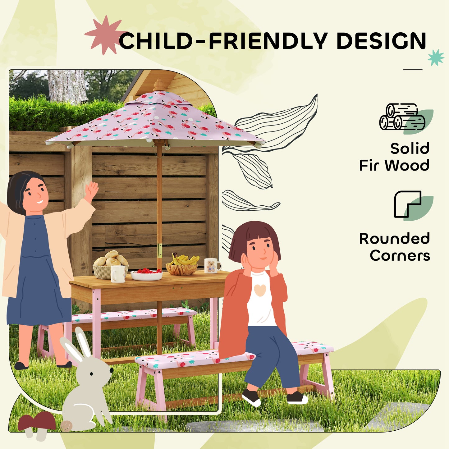 Kids Picnic Table Set with Removable & Foldable Umbrella, Cushions