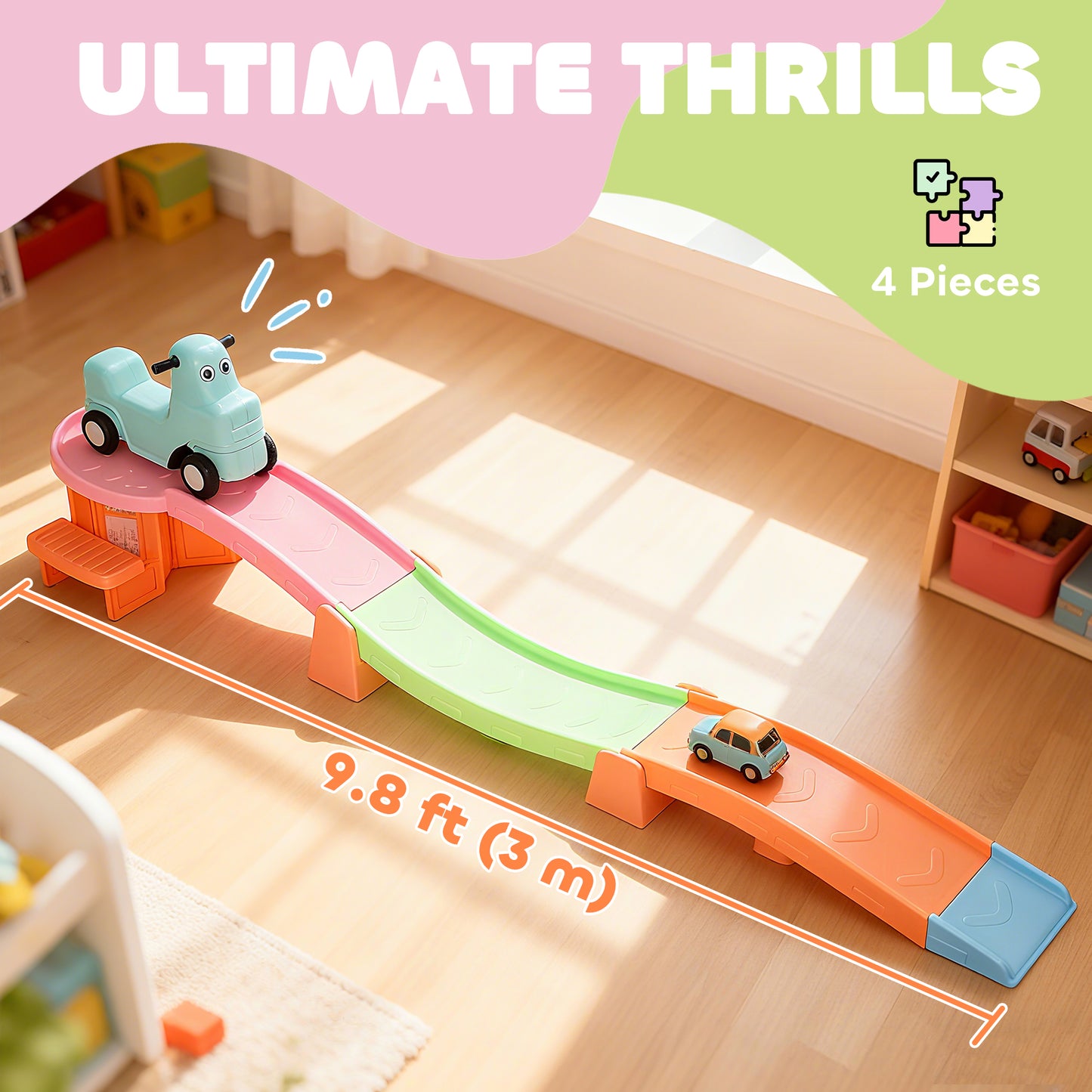 3(m) Four-Piece Ride on Kids Roller Coaster w/ Non-Slip Steps