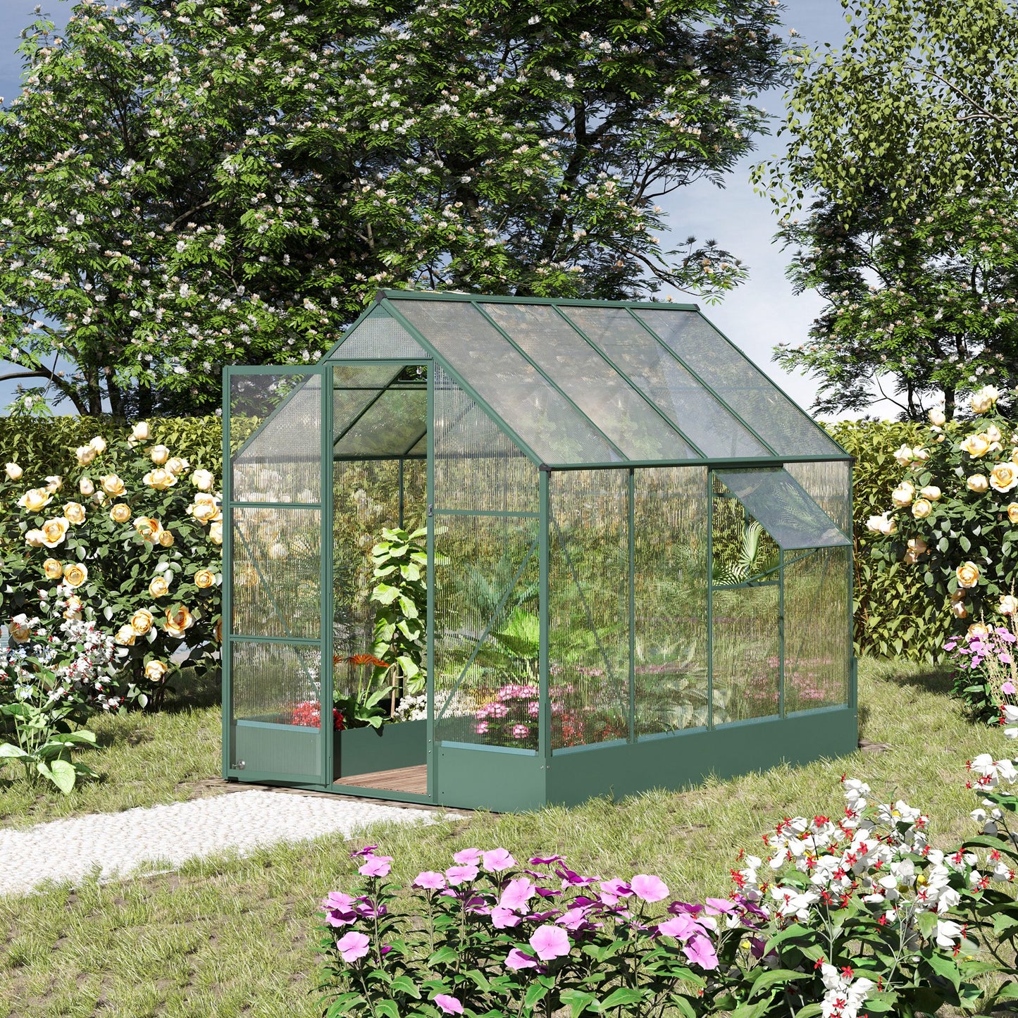 6x8 FT Polycarbonate Greenhouse with Base and Raised Bed