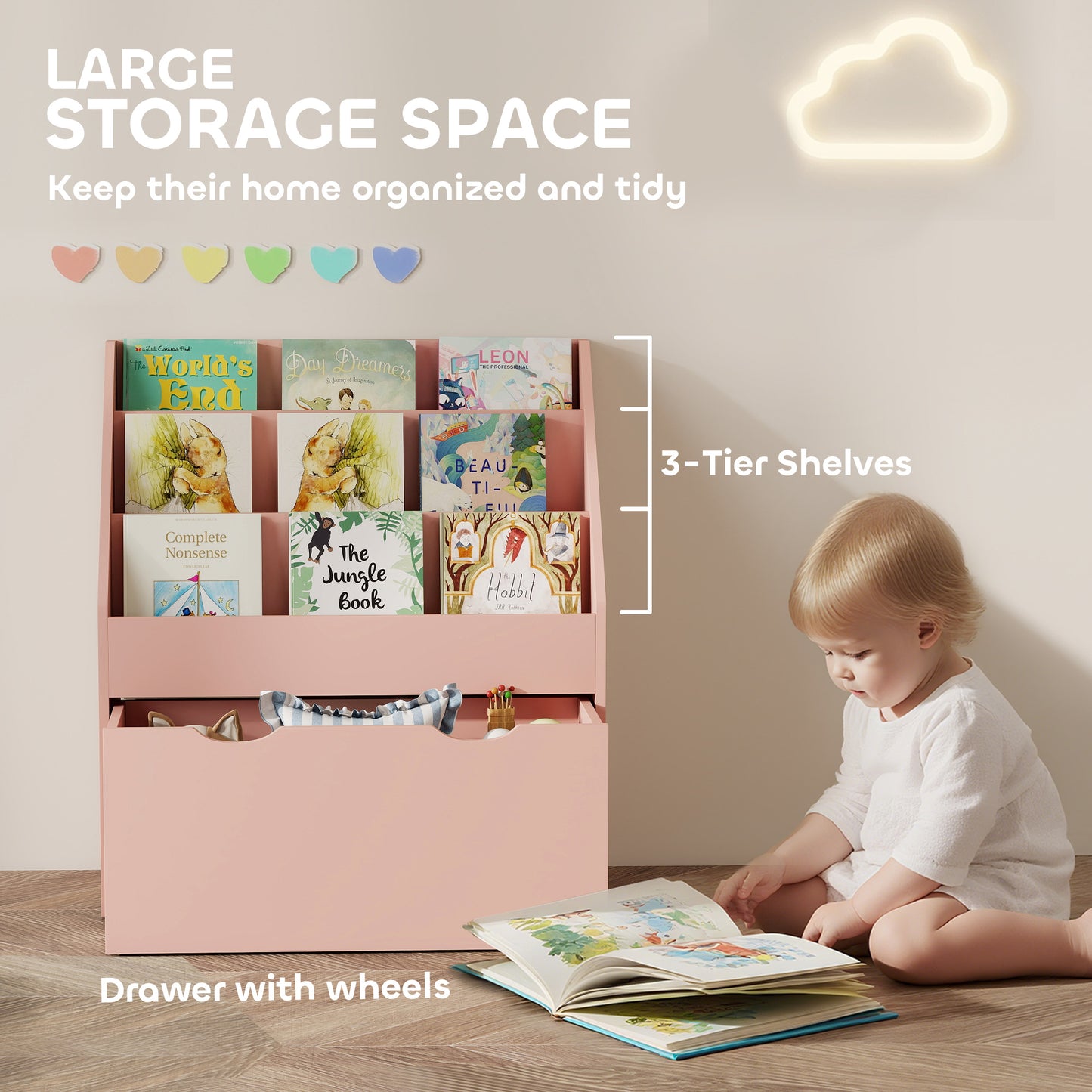 Bookcase for Kids with Shelves, Drawer, Bookcase for Bedroom, Playroom