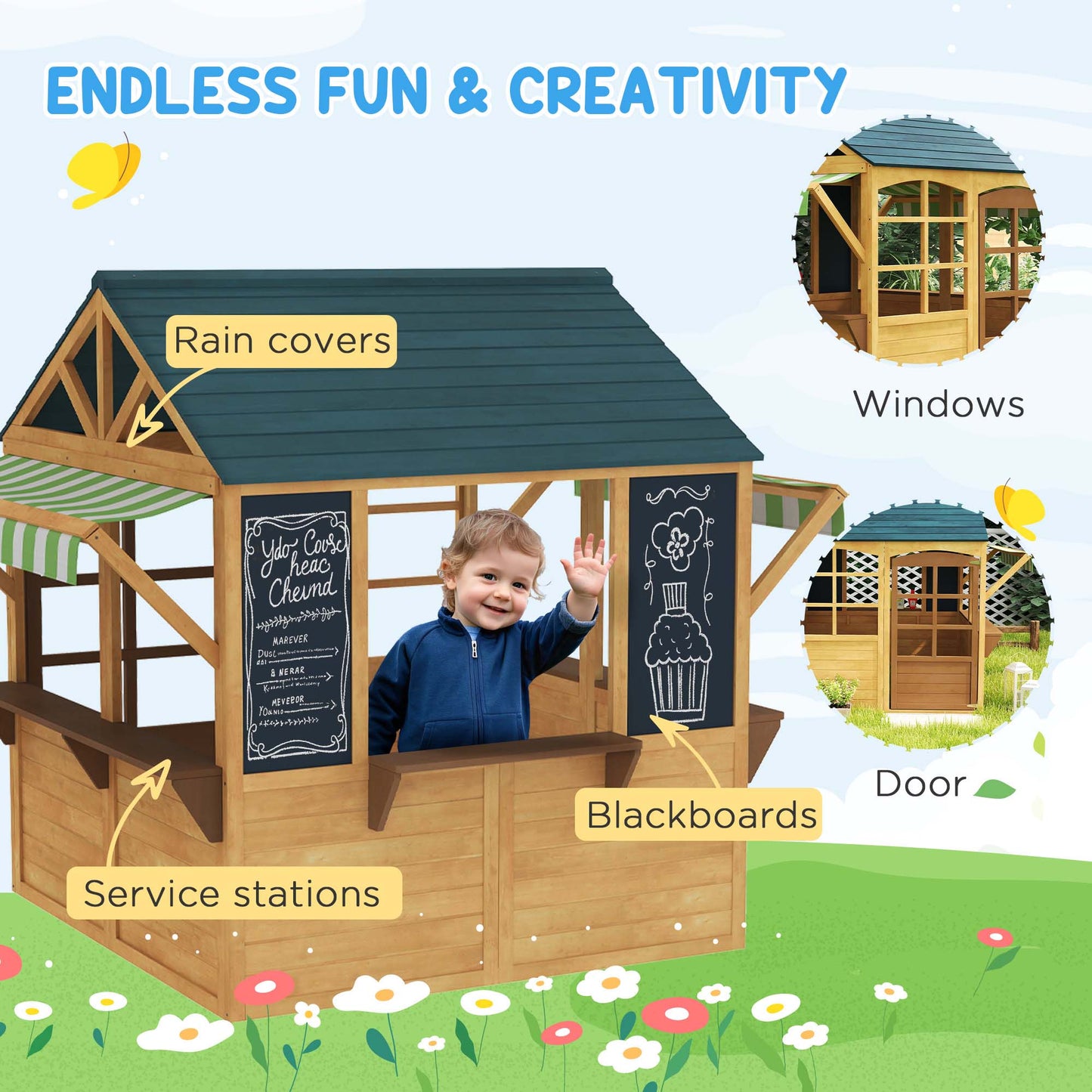 Wooden Playhouse for Kids, Foldable Wendy House with Windows