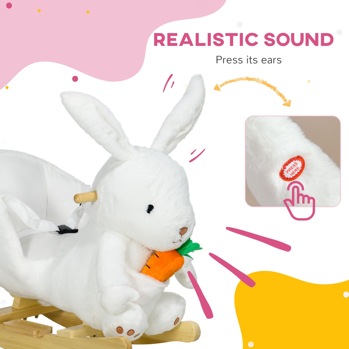 Kids Rabbit-Shaped Rocking Horse, with Safety Belt, Realistic Sounds