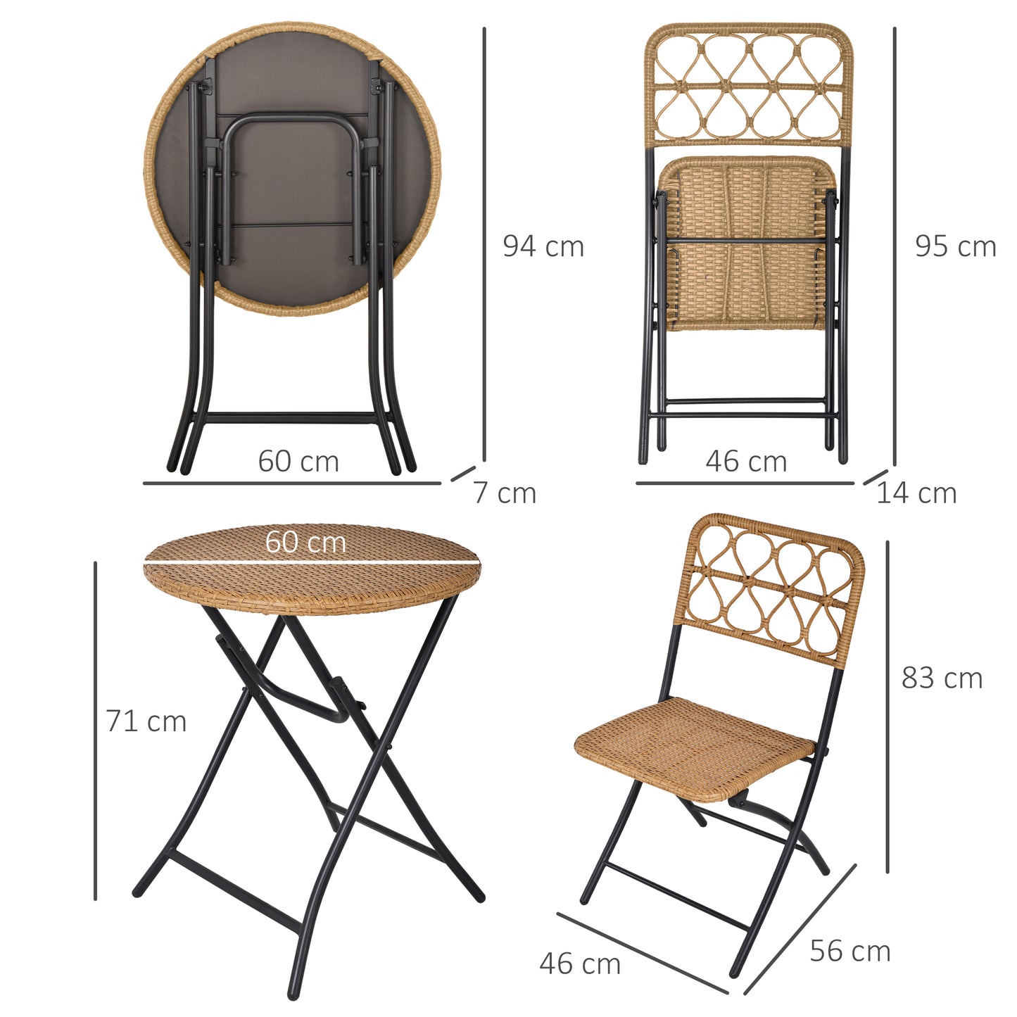 2 Seater Foldable Rattan Wicker Bistro Set, Coffee Table and Chairs