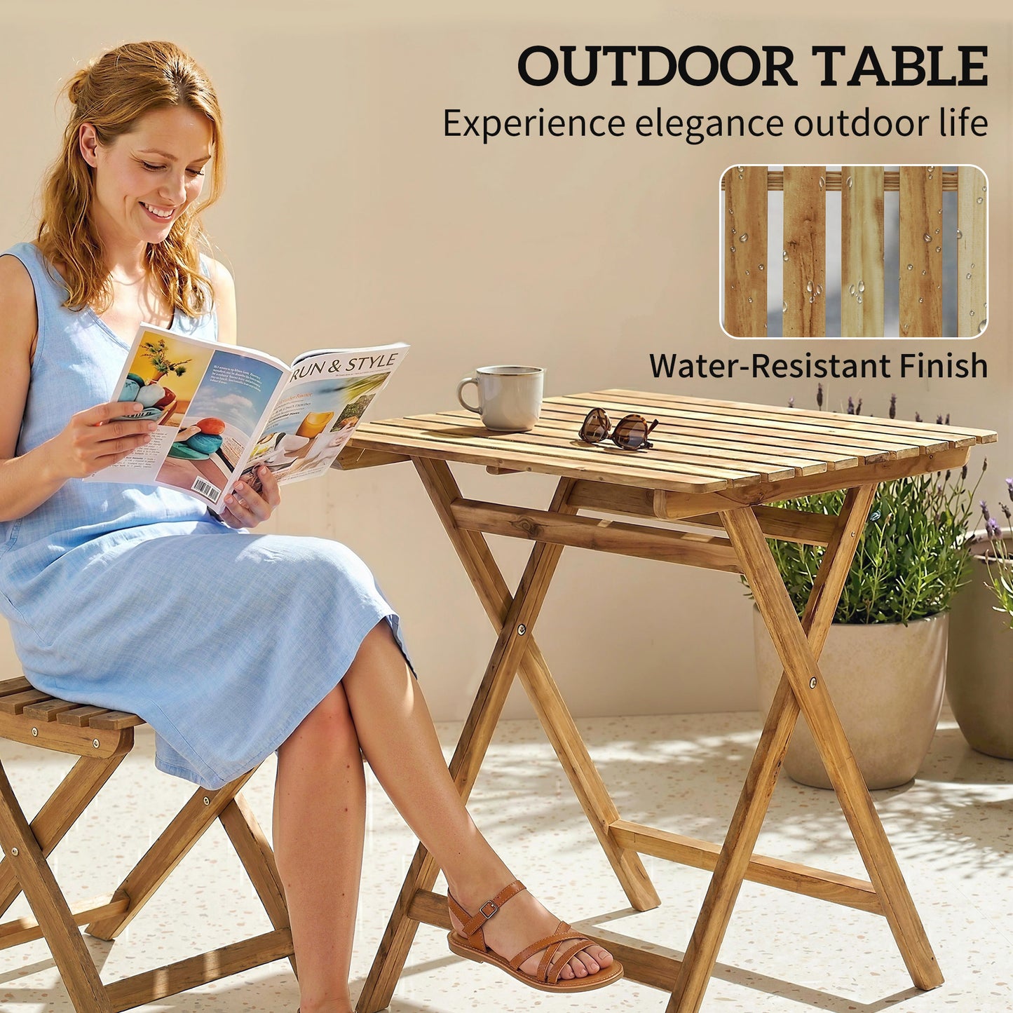 Outdoor Coffee Table Foldable Wooden Garden Table for Patio Balcony