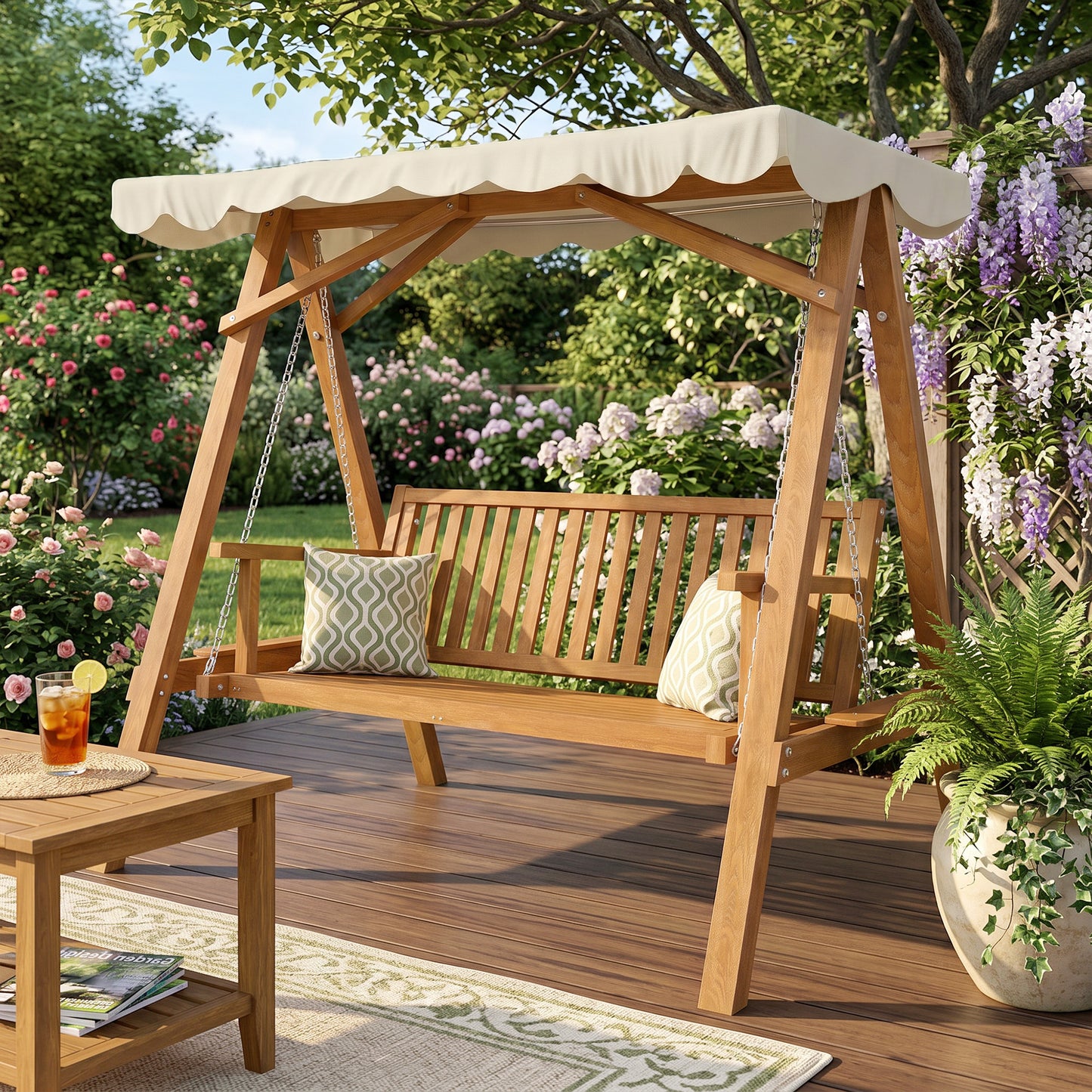 3 Seater Garden Swing Seat with Canopy, Wooden Swing Chair