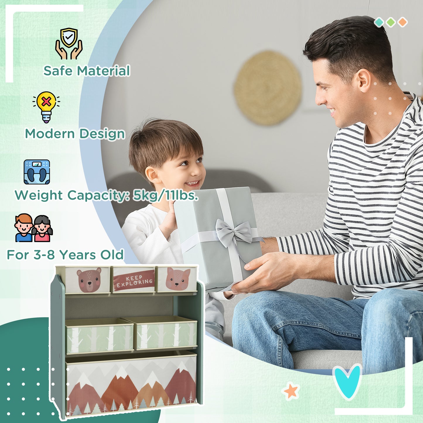 Kids Storage Unit, Toy Storage Organiser, with Six Fabric Bins