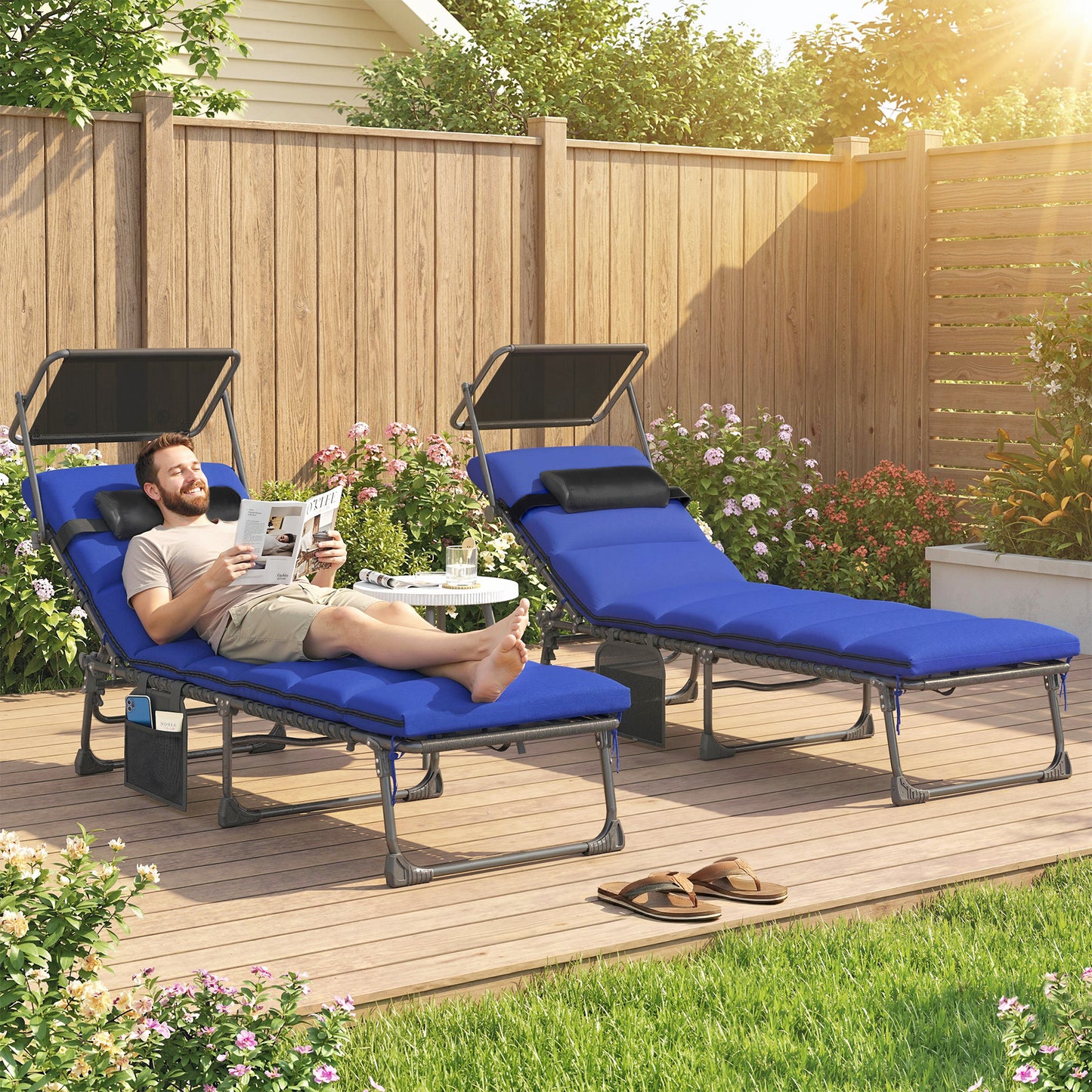 Folding Sun Loungers Set of 2 with Canopy