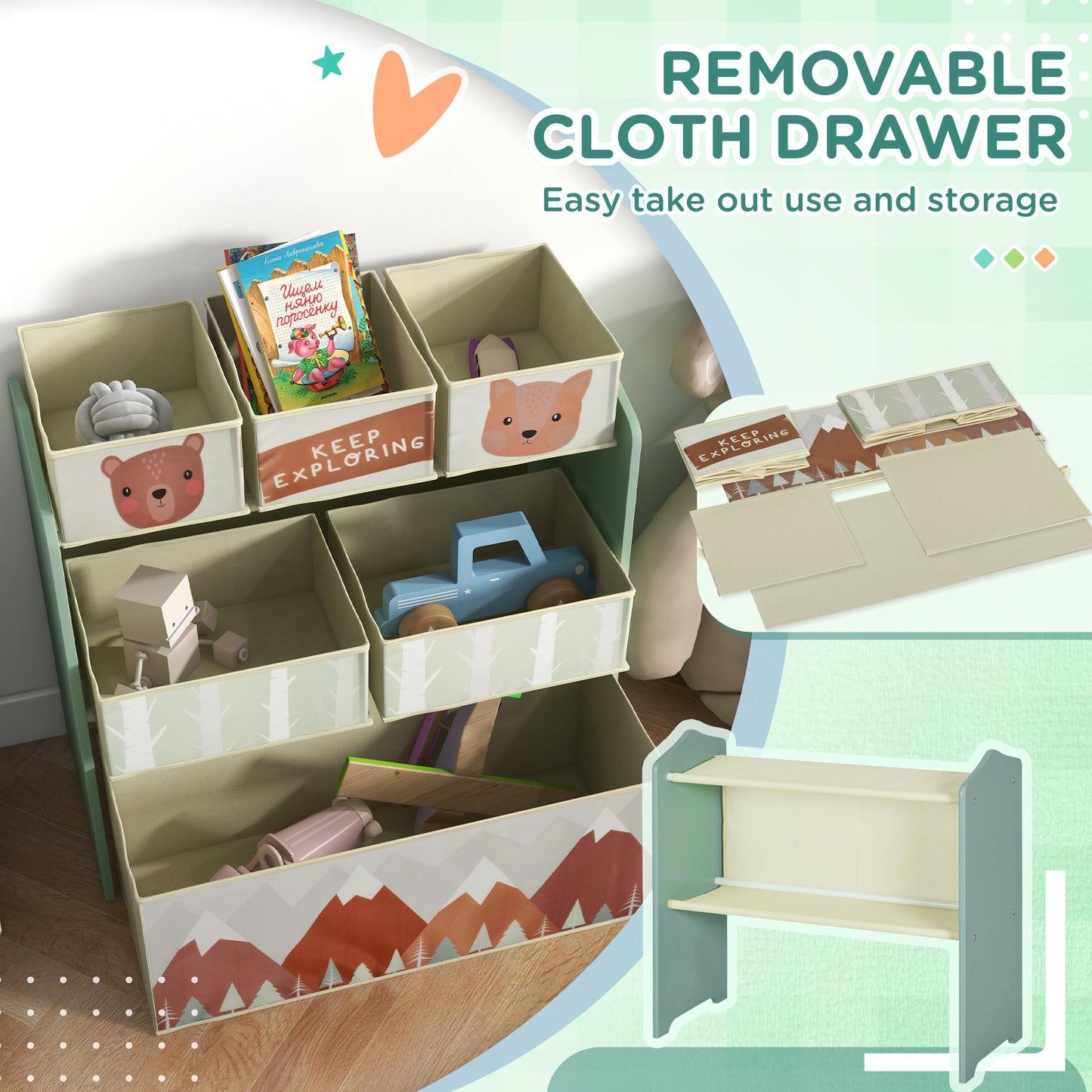 Kids Storage Unit, Toy Storage Organiser, with Six Fabric Bins