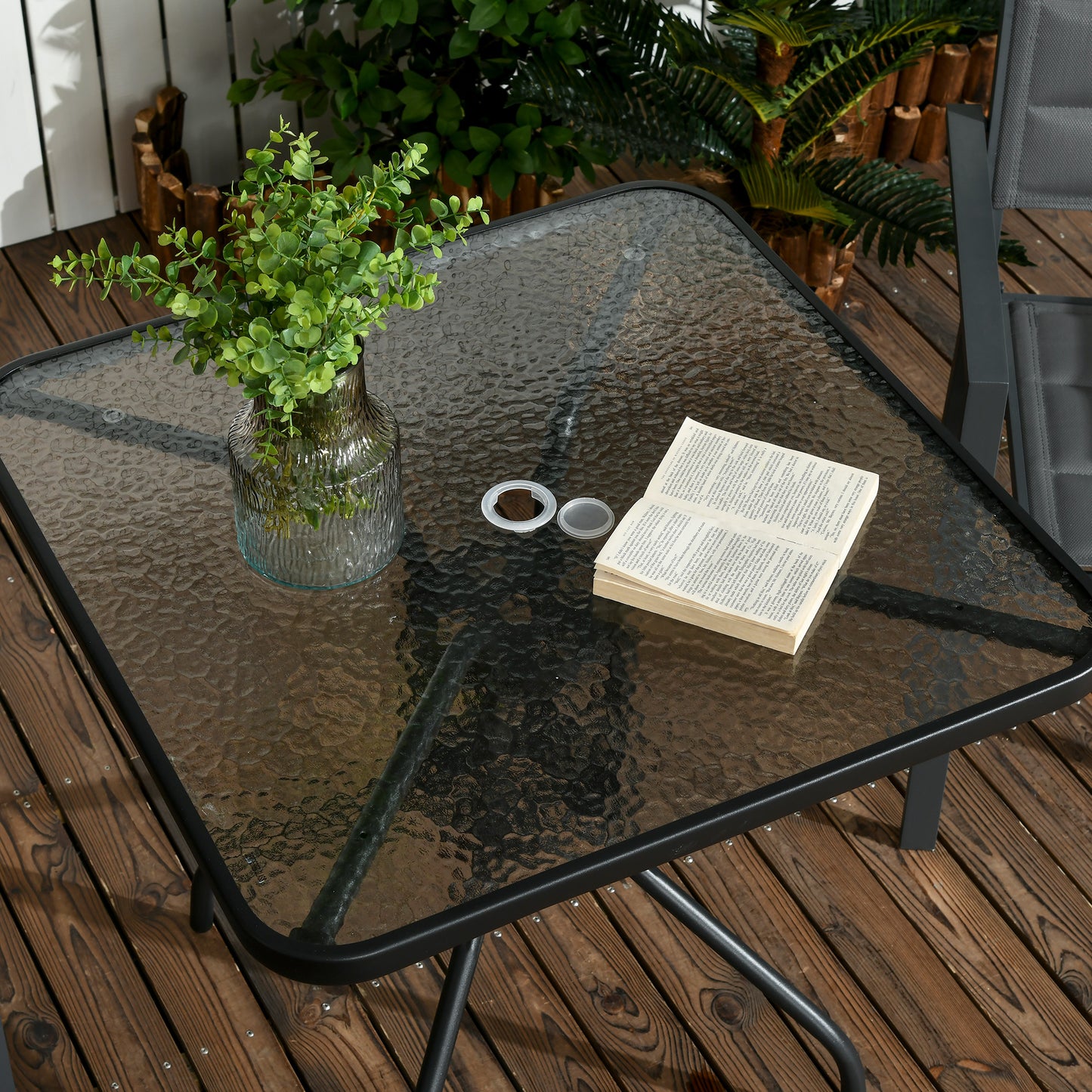 Square Garden Dining Table with Tempered Glass Top & Umbrella Hole