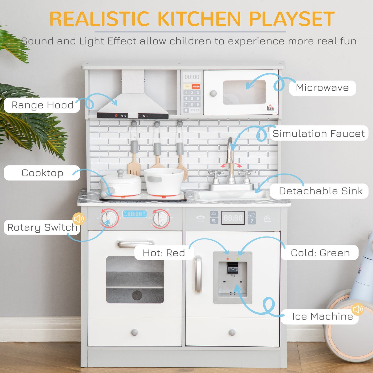 Kids Wooden Toy Kitchen Pretend Play Cooking Playset w/ Sound &