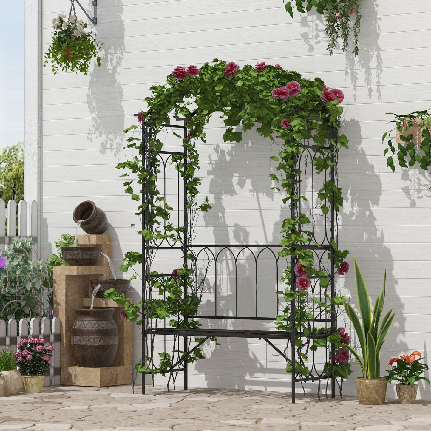 Garden Metal Frame Bench W/Arch for Various Climbing Plant