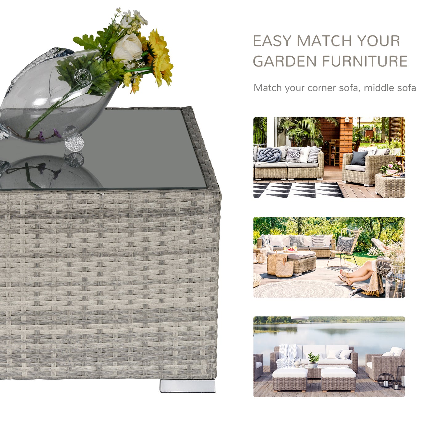 Square PE Wicker Rattan Table, with Glass Top