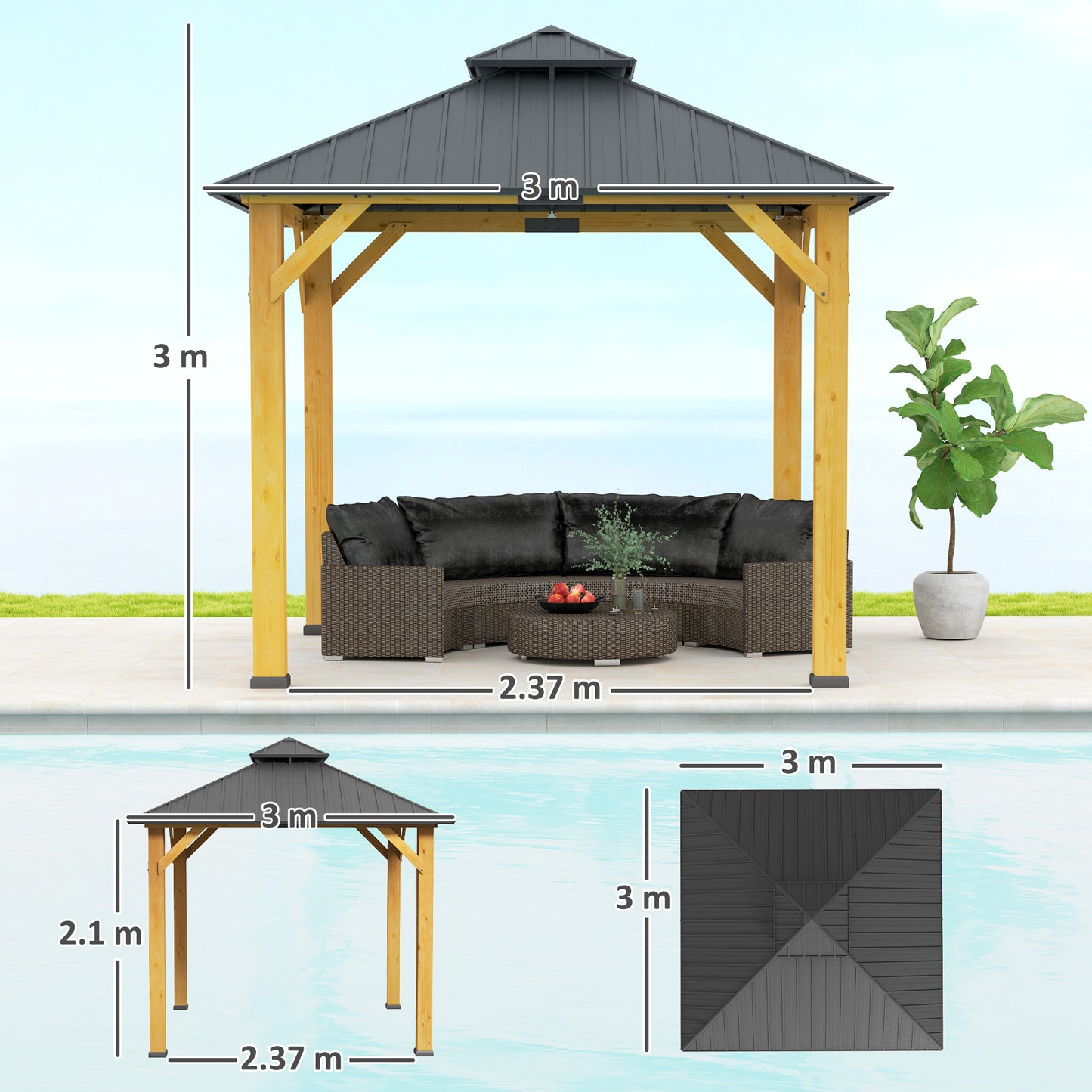 3x(3)M Outdoor Hardtop Gazebo Canopy with 2-Tier Roof