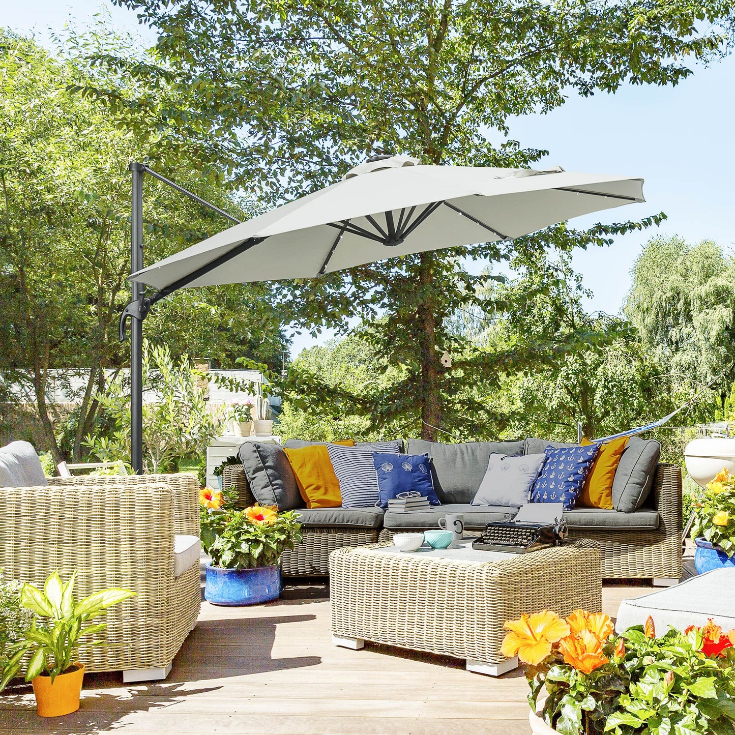 3(m) LED Cantilever Parasol Garden Sun Umbrella w/ Cross Base