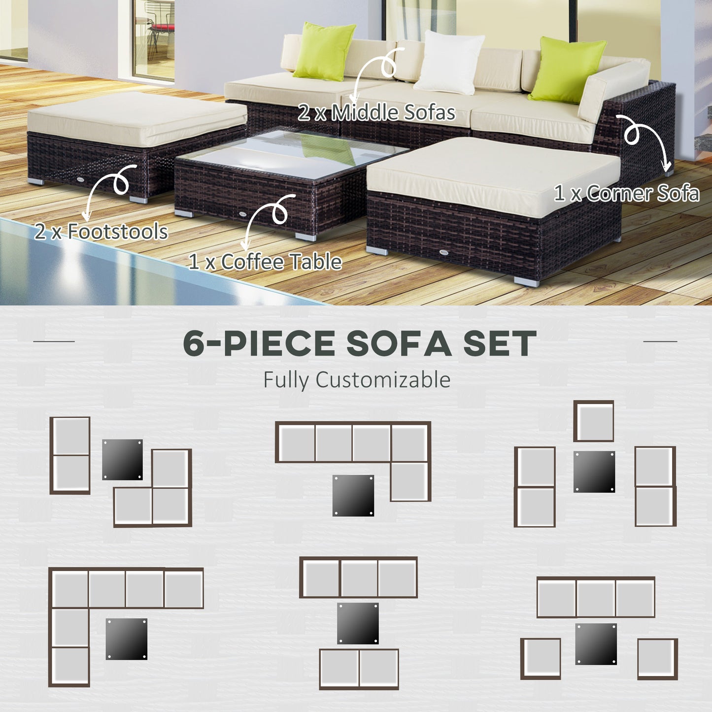 6 PC Rattan Sofa Coffee Table Set Sectional Wicker Weave Furniture