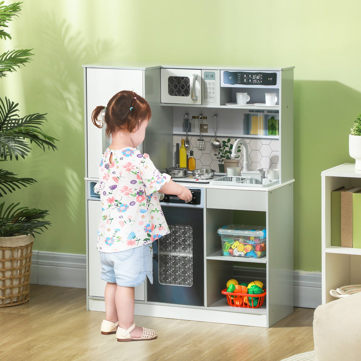 Pretend Play Toy Kitchen, Kids Kitchen Playset w/ Sounds, Lights