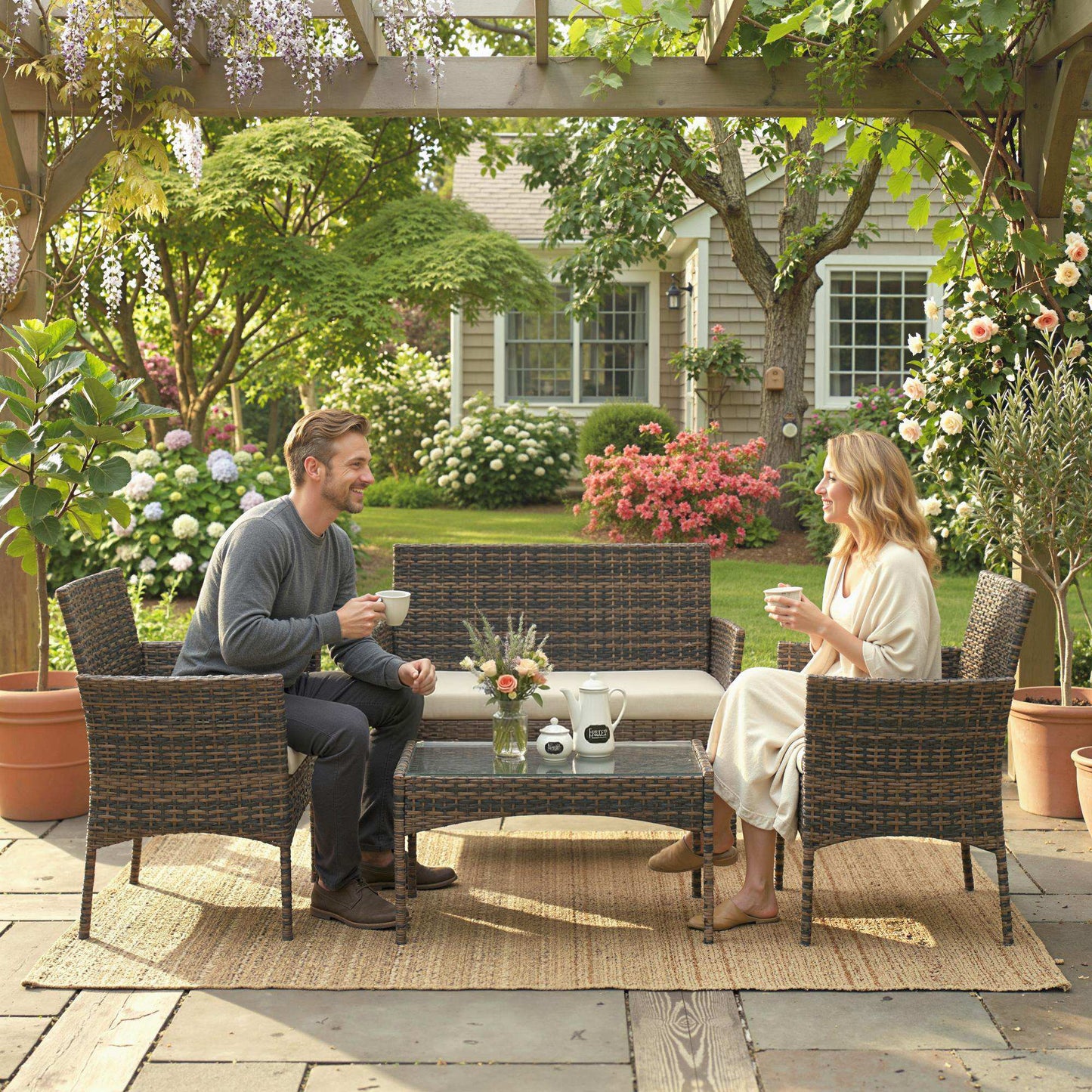 4 Piece Rattan Garden Furniture Sofa Set with Loveseat, Armchairs