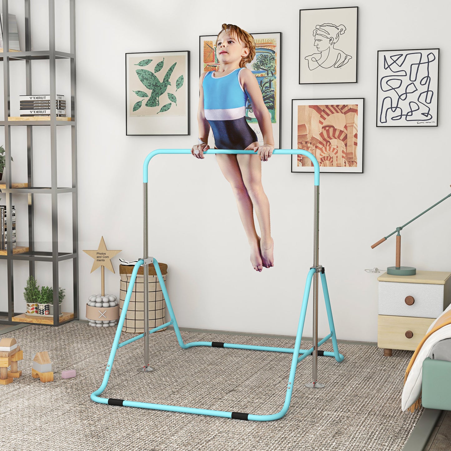 Kids Gymnastic Bar, with Adjustable Height, Foldable Horizontal Bars