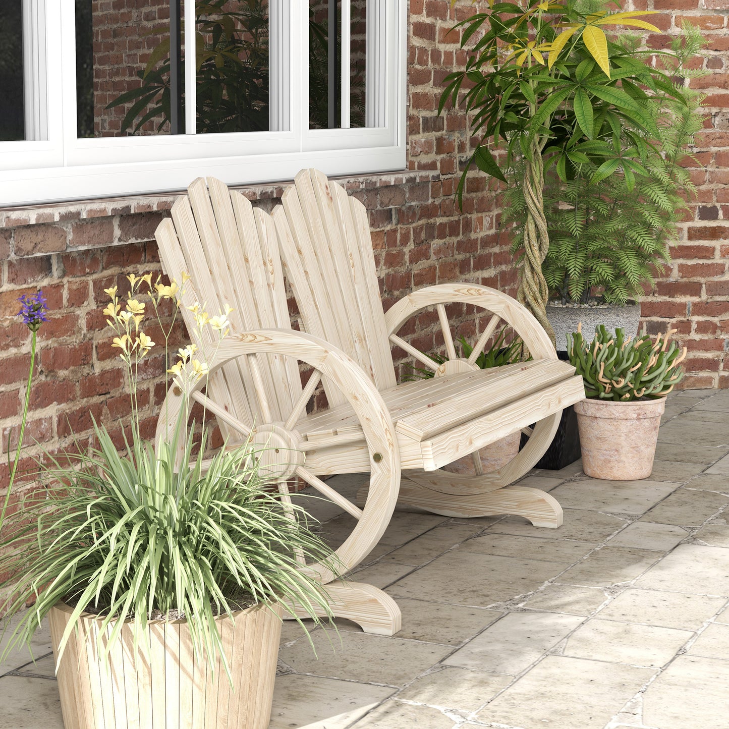 Fir Wood Love Seats with Wheel-Shaped Armrests