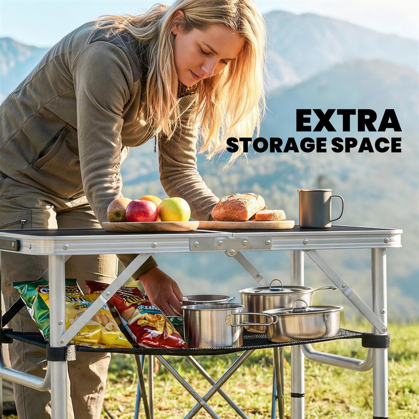 2ft Folding Camping Table, Picnic Table with Mesh Storage Layer (1)