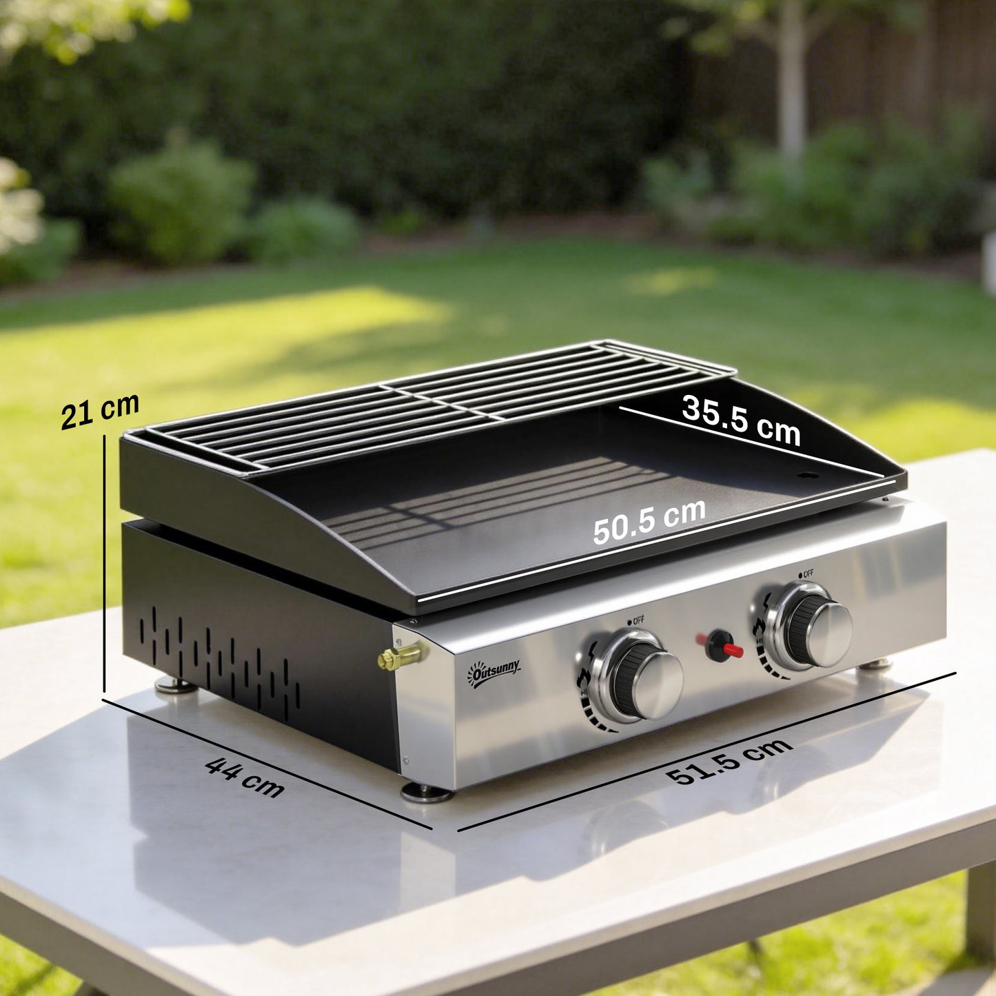 2 Burner Grill Griddle, Portable Gas Plancha with Warming Rack, 5 kW