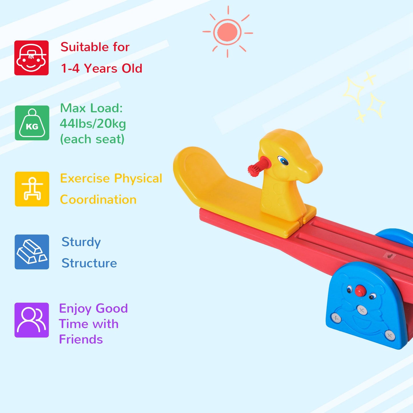 Kids Seesaw Safe Teeter Totter 2 Seats with Easy-Grip Handles, Safe