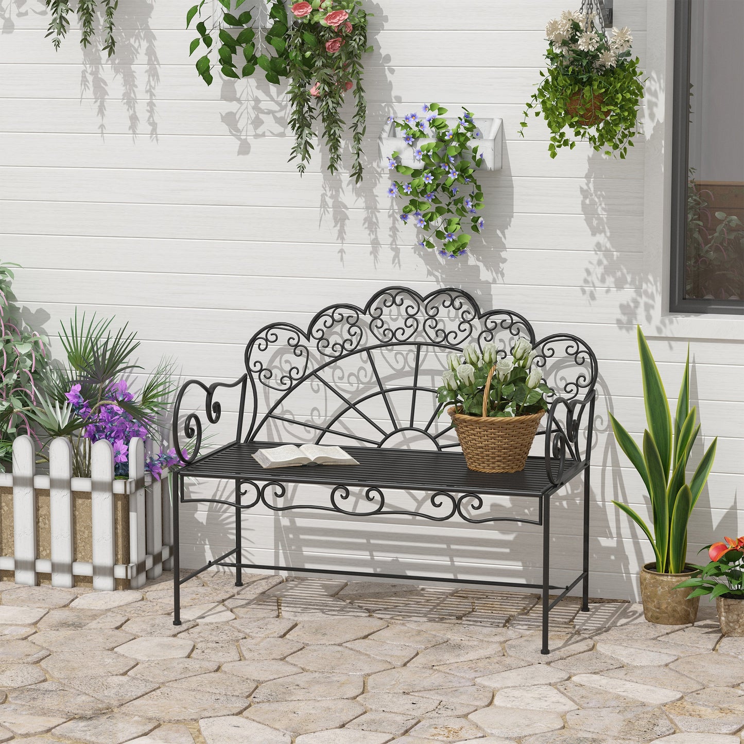 Metal Garden Bench Loveseat with Slatted Seat (1)