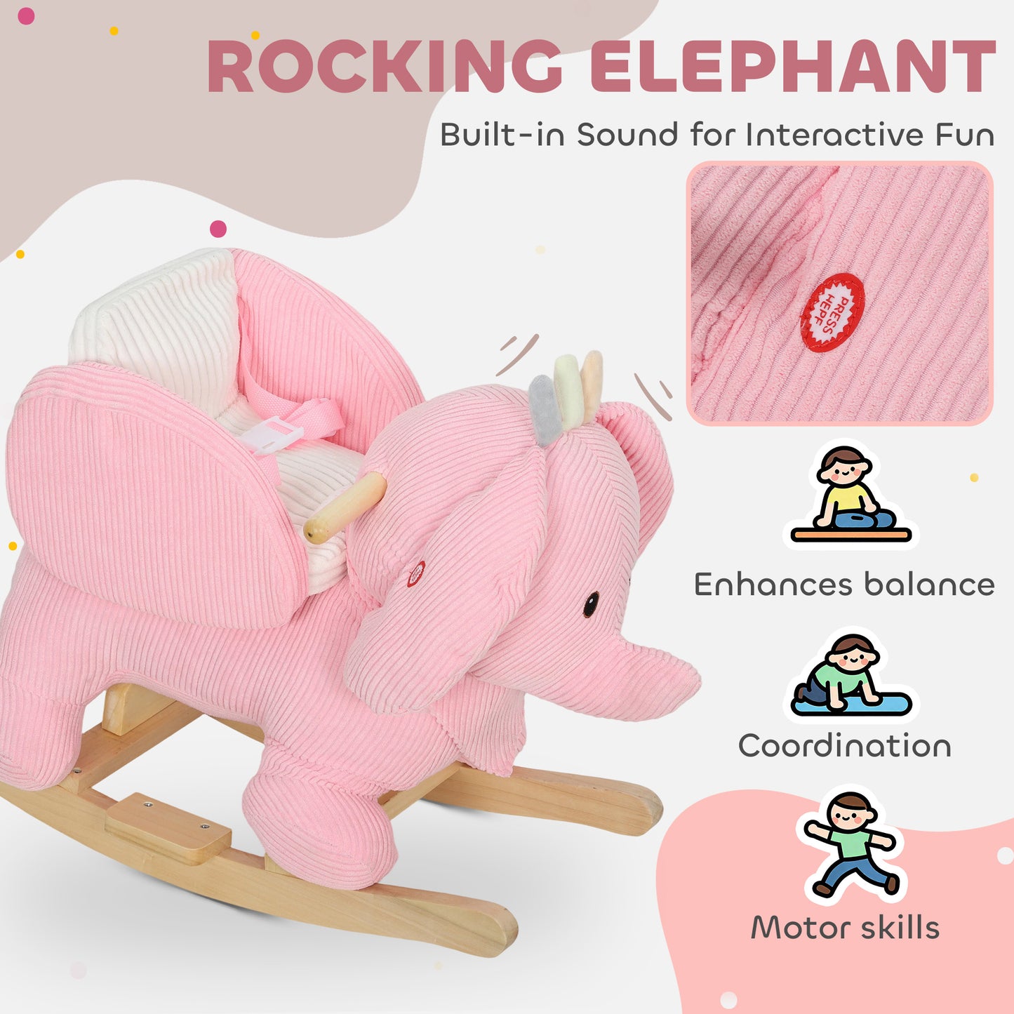 Kids Rocking Horse, Baby Ride on Elephant Rocker with Safety Belt