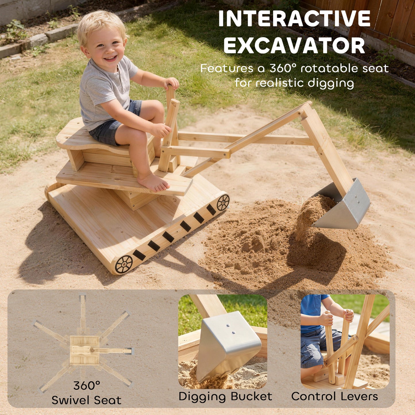 Wooden Sand Pit with Digger, Kids Sandbox Outdoor