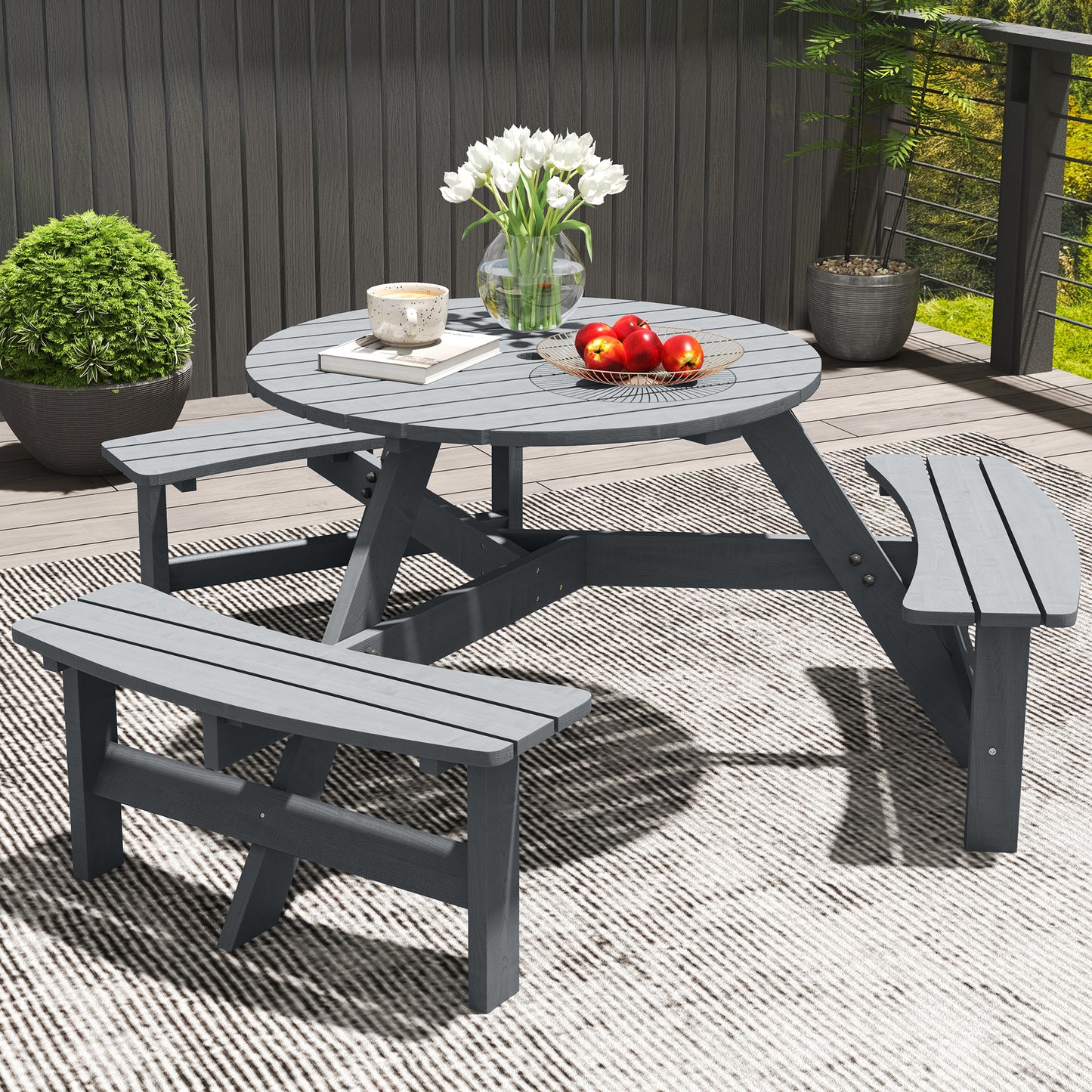 Wooden Garden Dining Set, 6 Seater Round Dining Picnic Table (1)