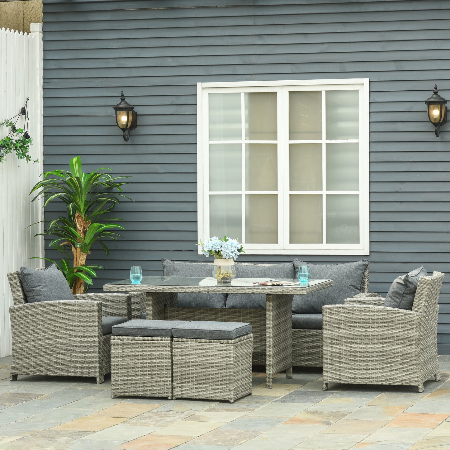 6 Pieces PE Rattan Garden Furniture Set with Three-seat